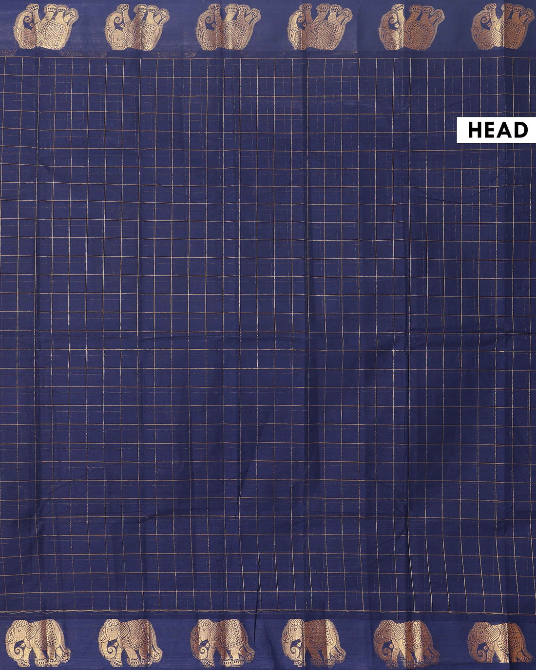 Traditional Handloom Chettinad Cotton Saree with Checks and Elephant Border - Navy Blue