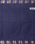 Traditional Handloom Chettinad Cotton Saree with Checks and Elephant Border - Navy Blue