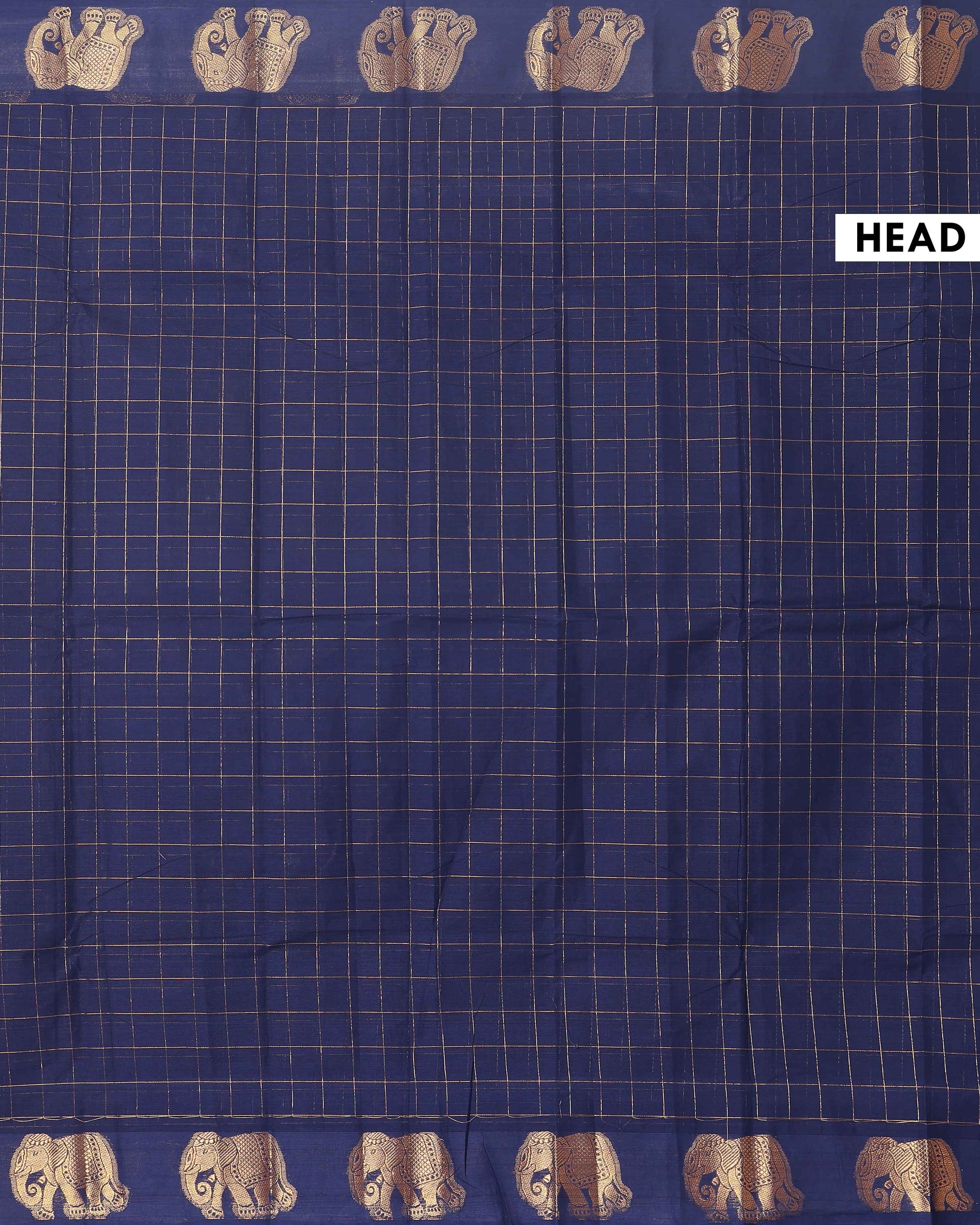Traditional Handloom Chettinad Cotton Saree with Checks and Elephant Border - Navy Blue
