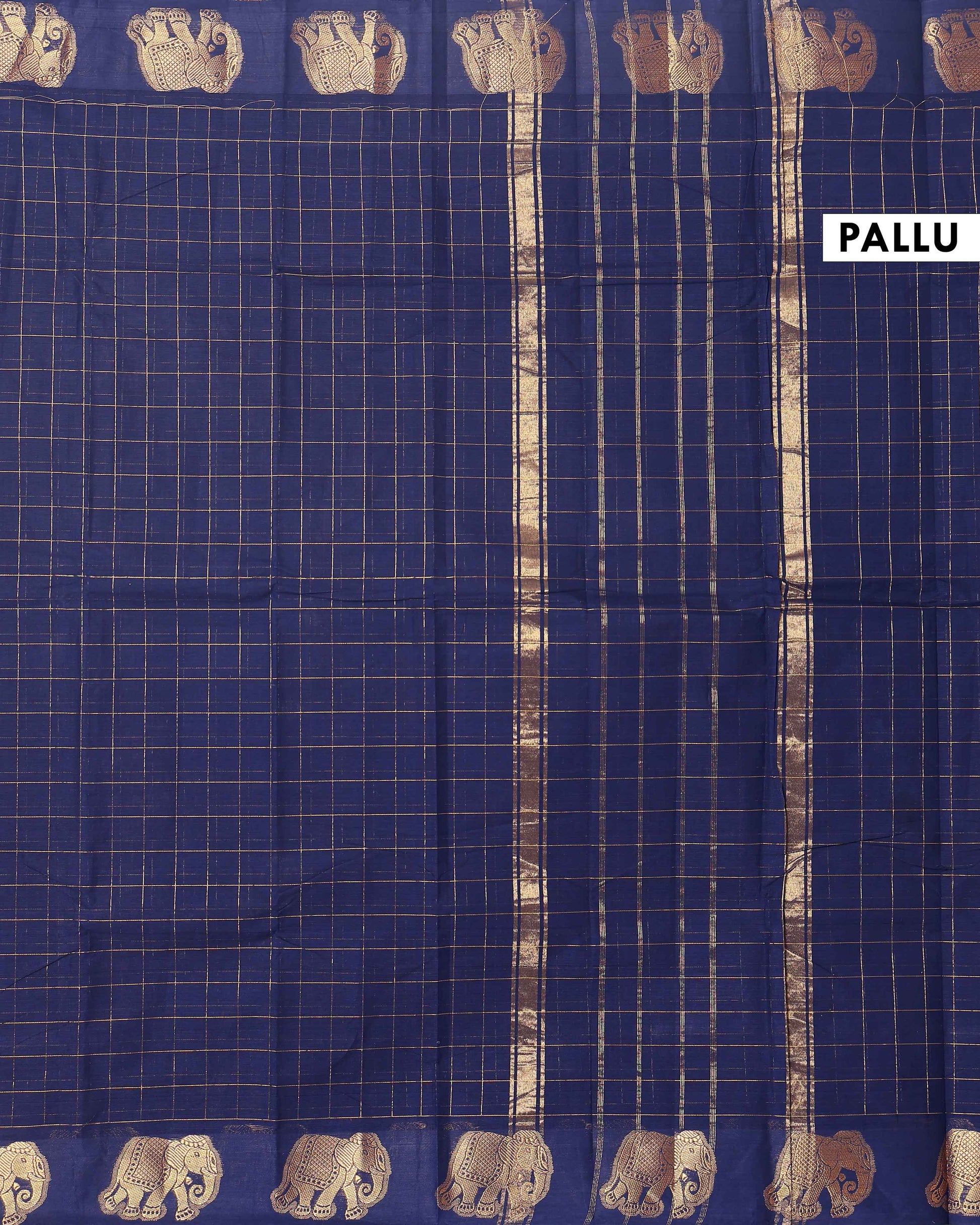 Traditional Handloom Chettinad Cotton Saree with Checks and Elephant Border - Navy Blue