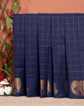 Traditional Handloom Chettinad Cotton Saree with Checks and Elephant Border - Navy Blue