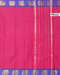 Traditional Handloom Chettinad Cotton Saree with Checks and Elephant Border - Pink