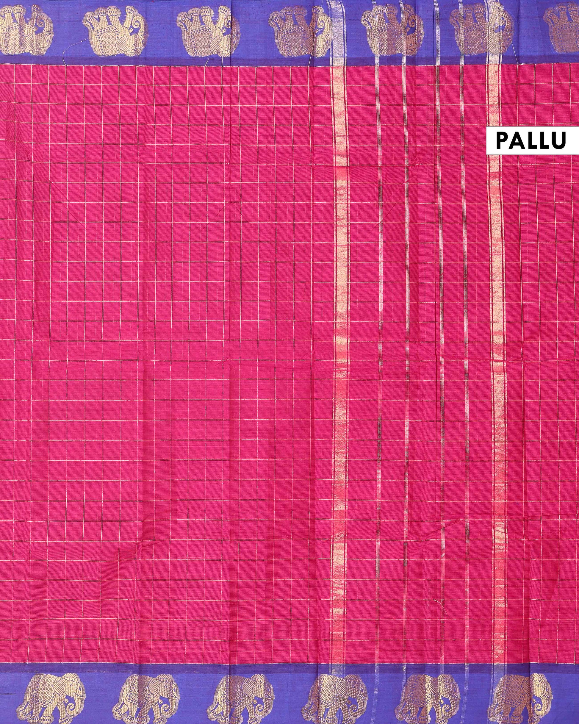 Traditional Handloom Chettinad Cotton Saree with Checks and Elephant Border - Pink