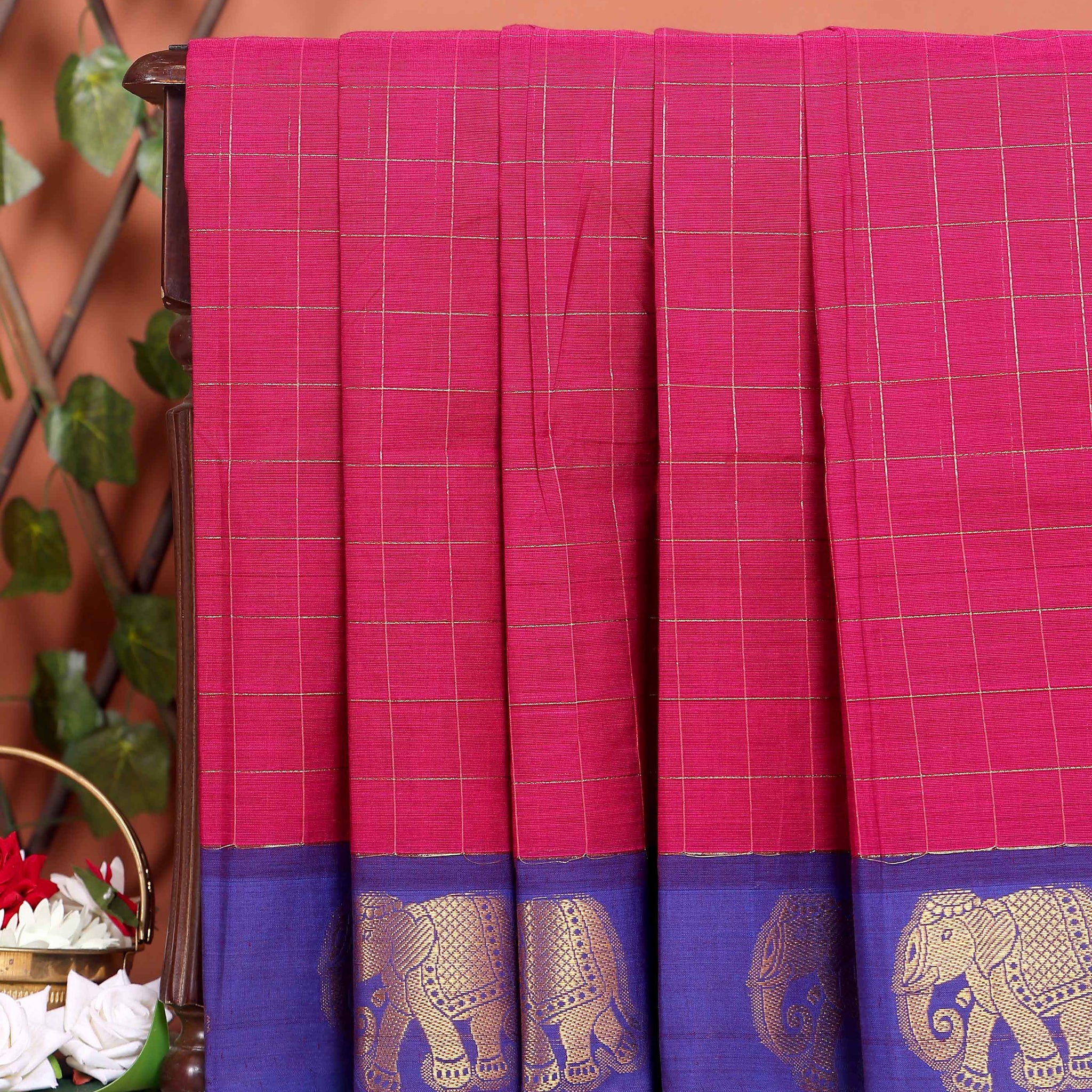 Traditional Handloom Chettinad Cotton Saree with Checks and Elephant Border - Pink