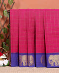 Traditional Handloom Chettinad Cotton Saree with Checks and Elephant Border - Pink