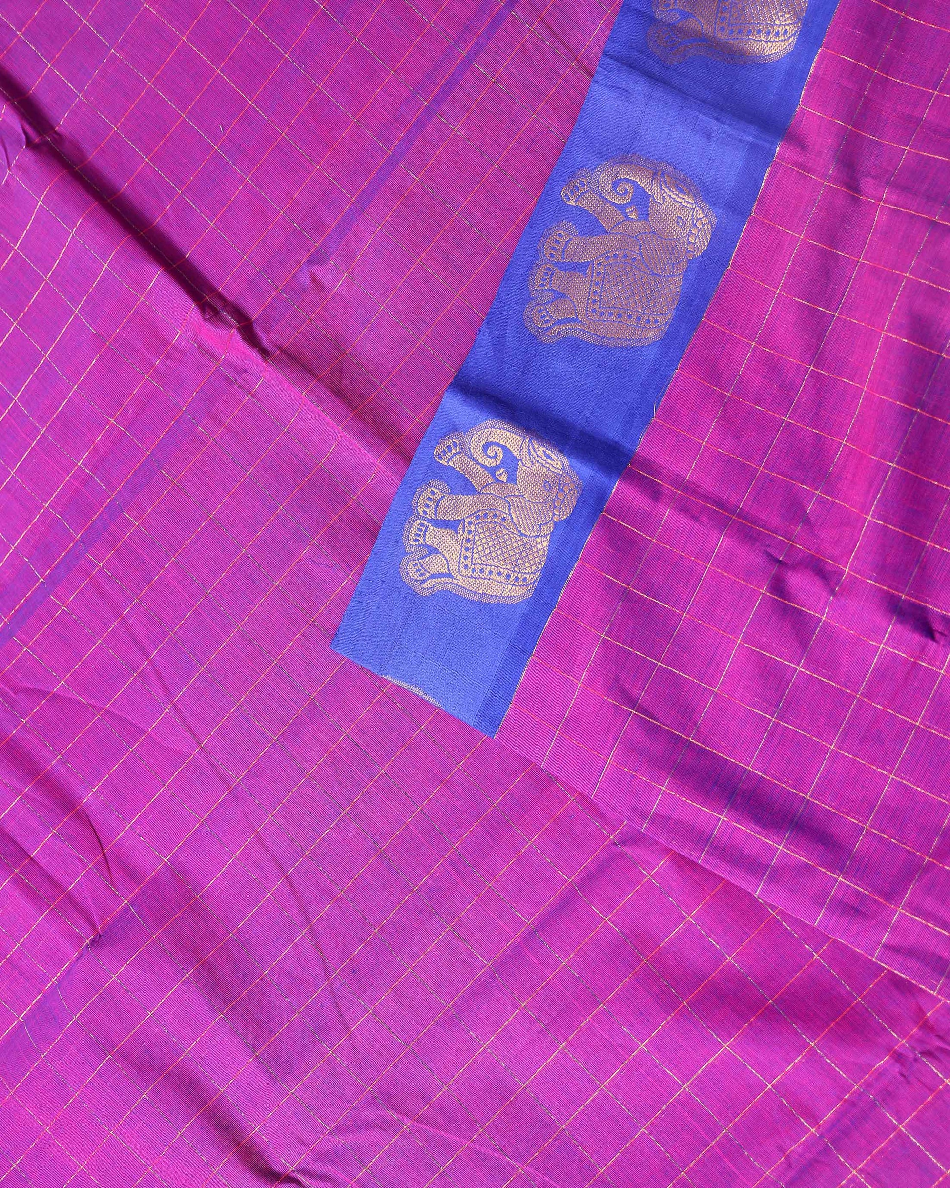 Traditional Handloom Chettinad Cotton Saree with Checks and Elephant Border - Purple