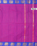 Traditional Handloom Chettinad Cotton Saree with Checks and Elephant Border - Purple
