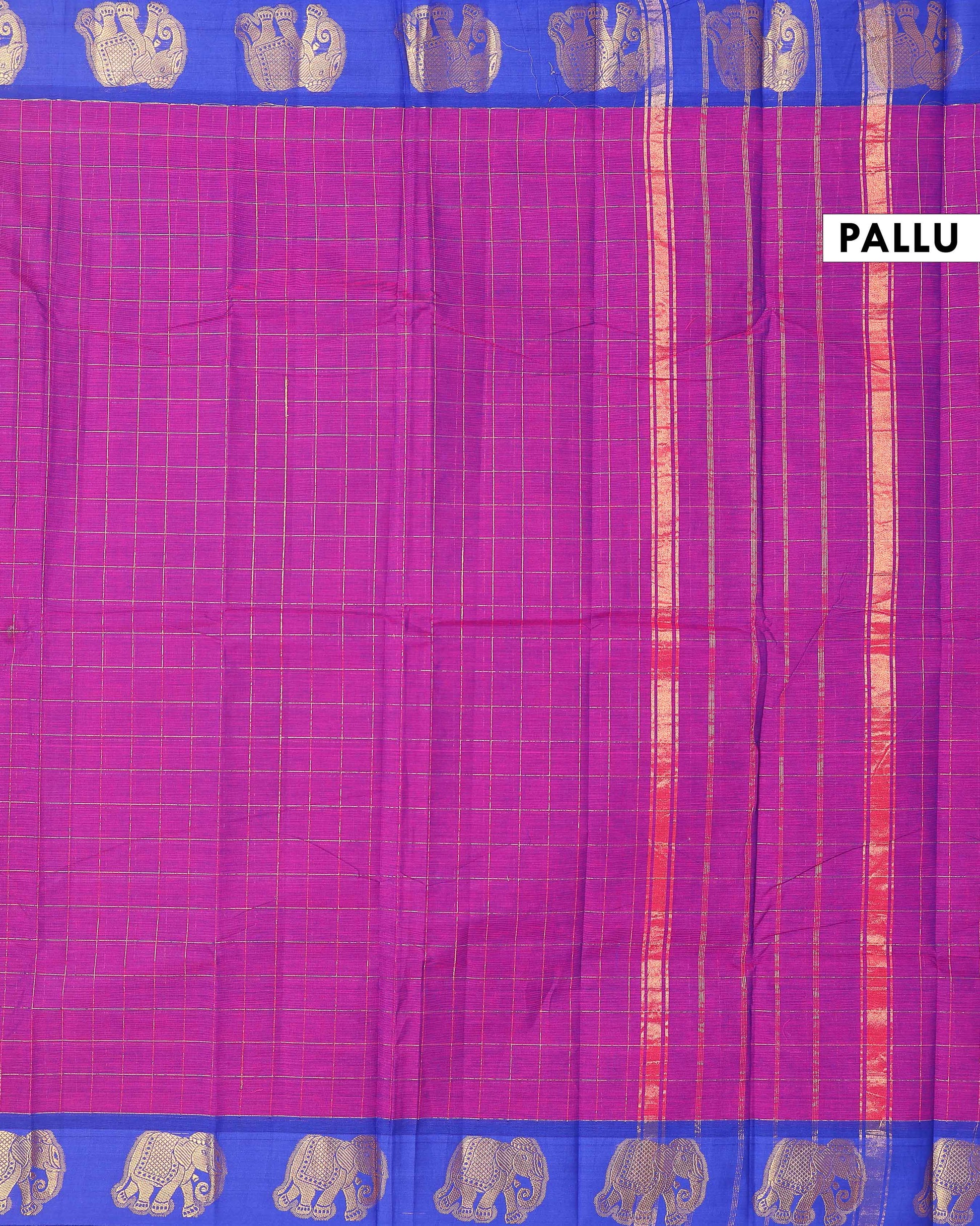 Traditional Handloom Chettinad Cotton Saree with Checks and Elephant Border - Purple