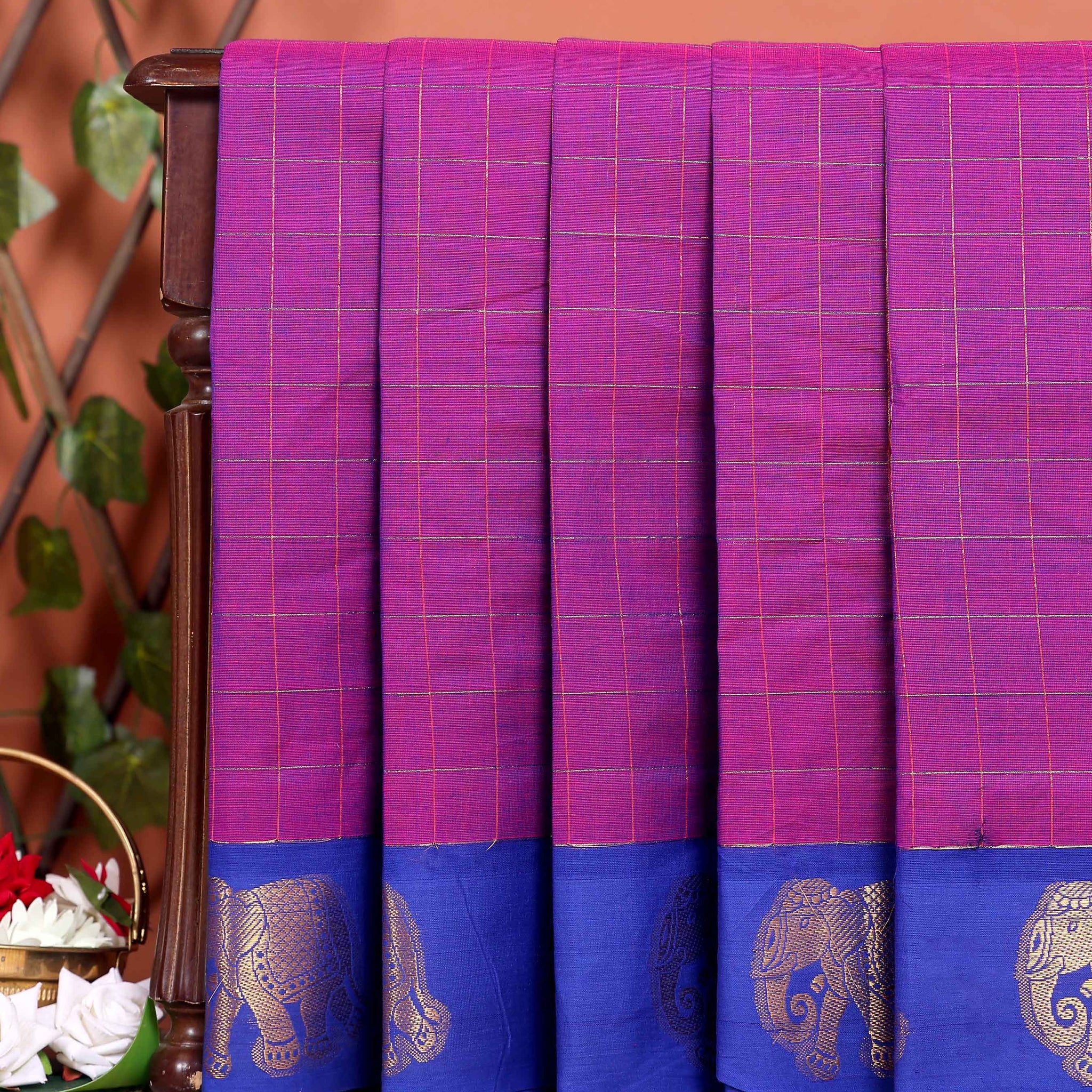 Traditional Handloom Chettinad Cotton Saree with Checks and Elephant Border - Purple