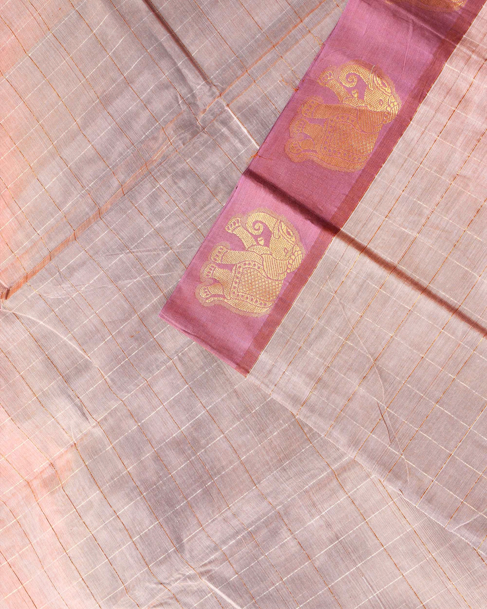 Traditional Handloom Chettinad Cotton Saree with Checks and Elephant Border - Sandal