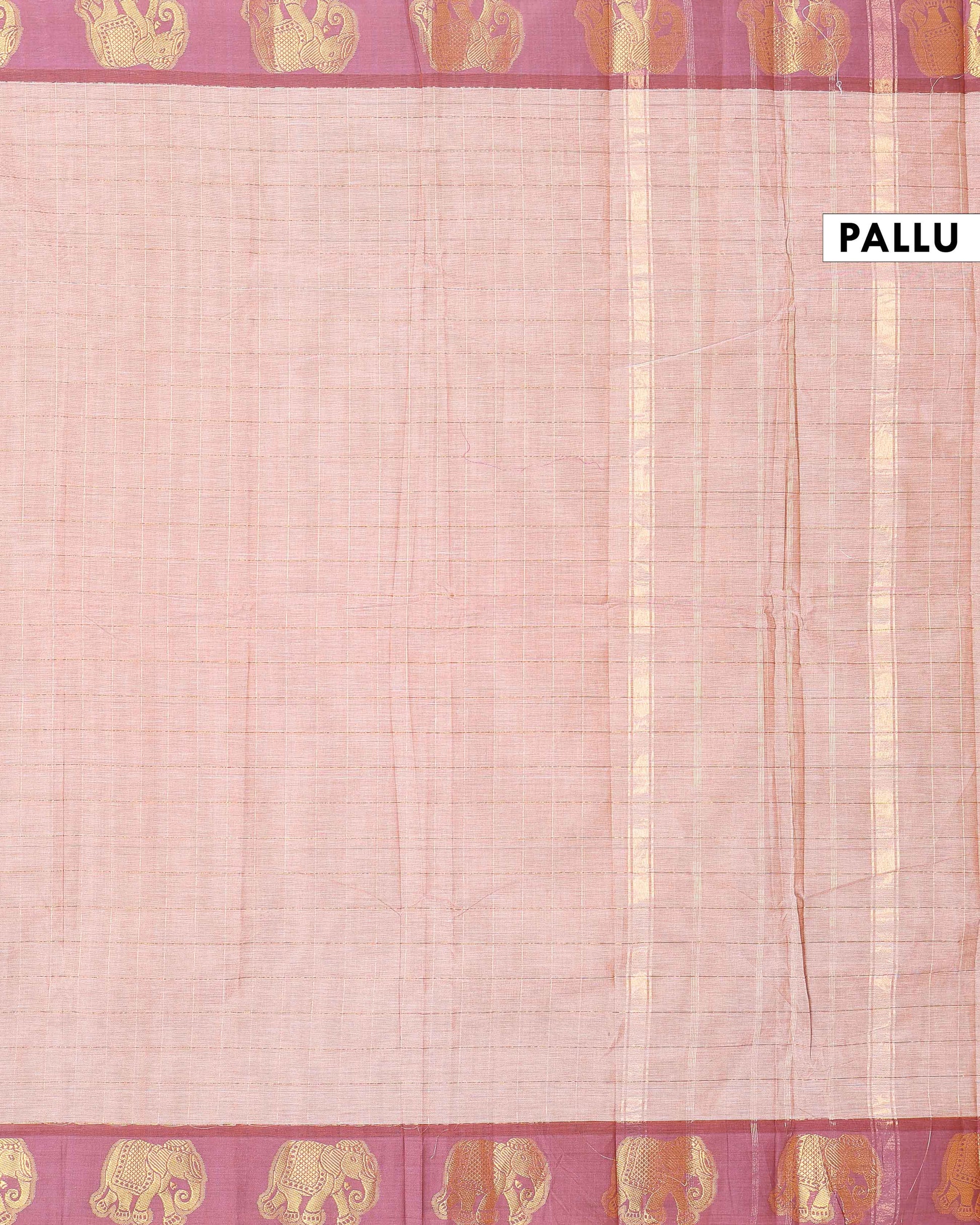 Traditional Handloom Chettinad Cotton Saree with Checks and Elephant Border - Sandal