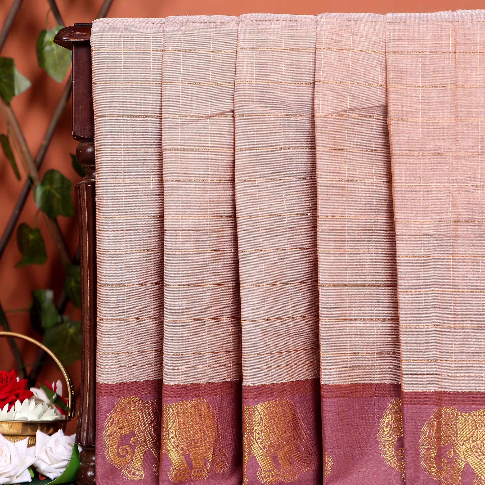 Traditional Handloom Chettinad Cotton Saree with Checks and Elephant Border - Sandal