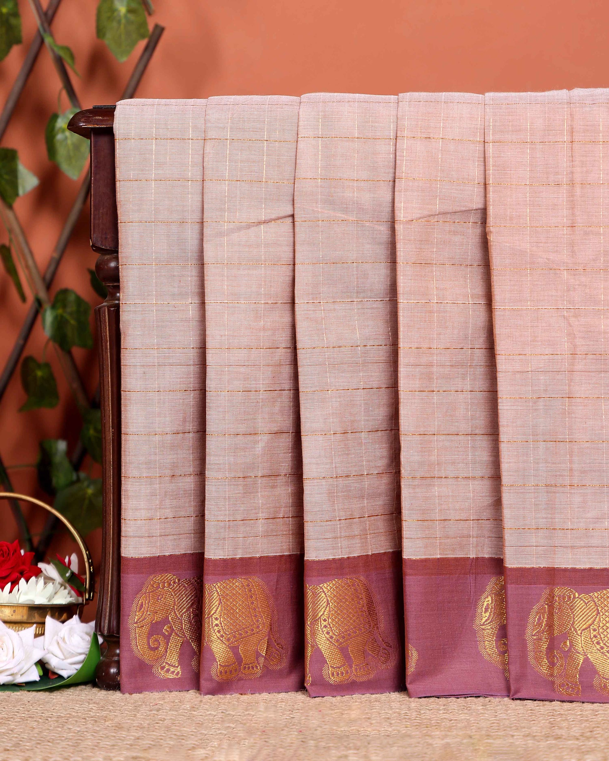 Traditional Handloom Chettinad Cotton Saree with Checks and Elephant Border - Sandal