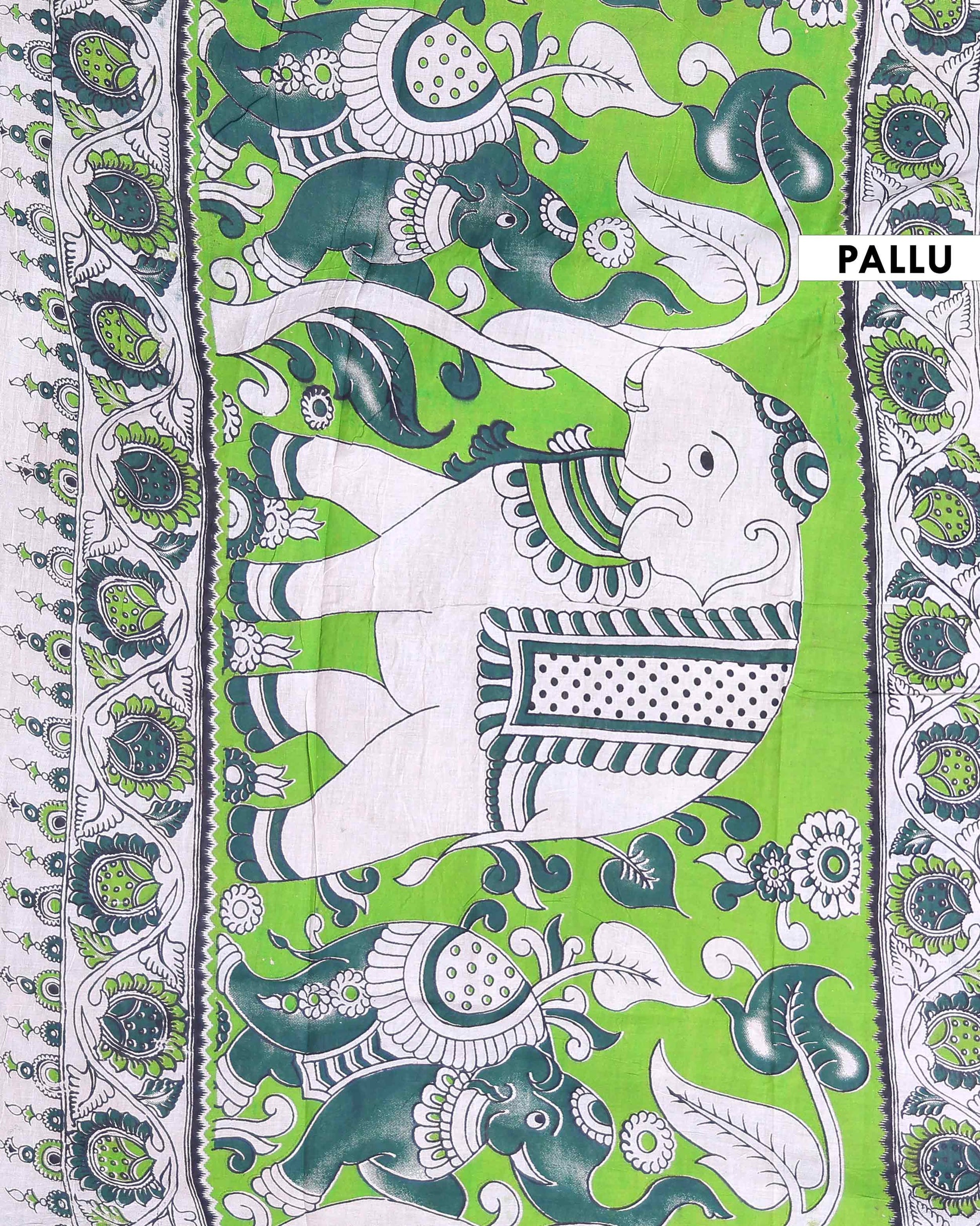 Traditional Handloom Cotton Kalamkari Saree Intricate Floral and Geometric Patterns - Off White -one