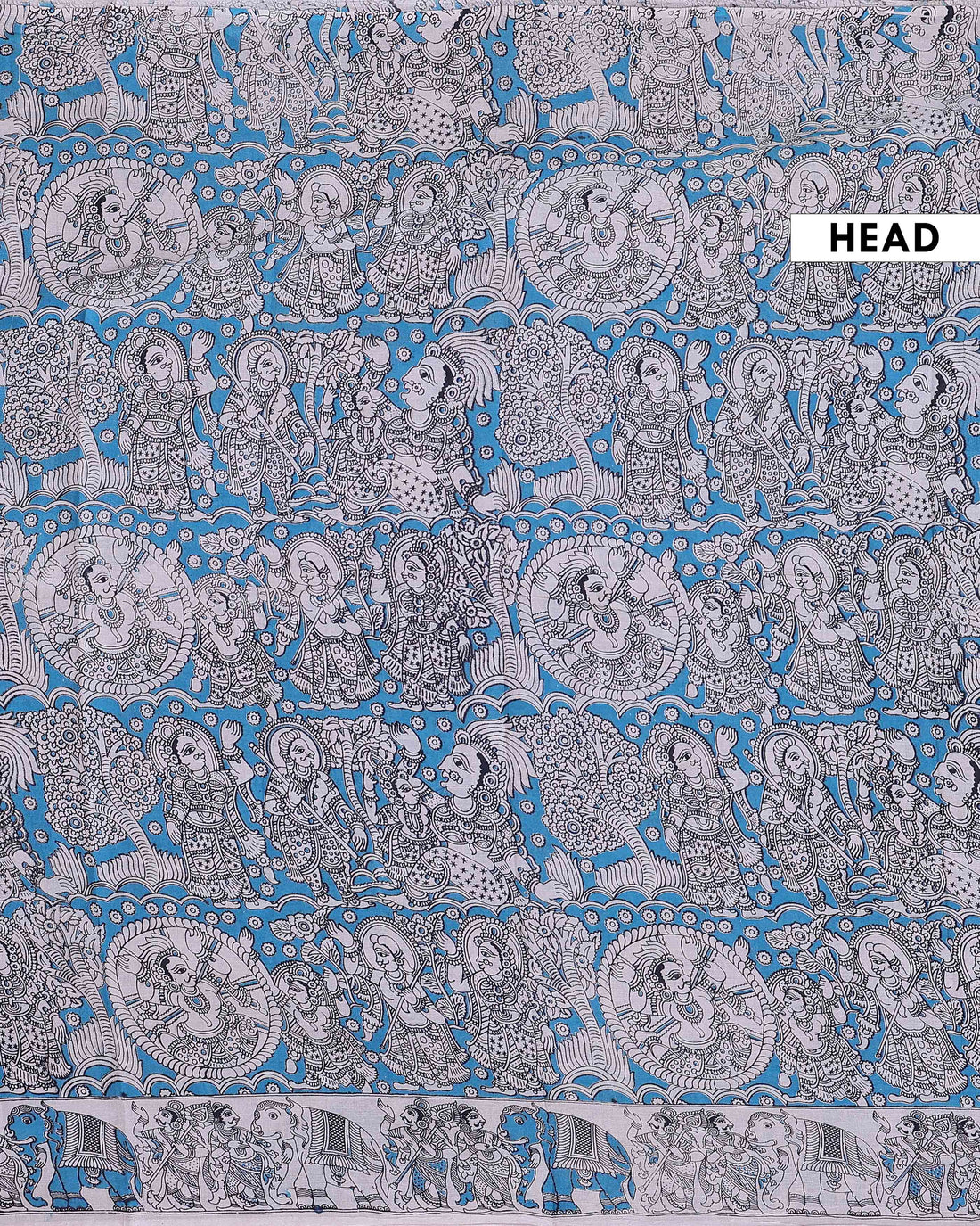 Traditional Handloom Cotton Kalamkari Saree with Intricate Procession and Floral Artwork - Blue