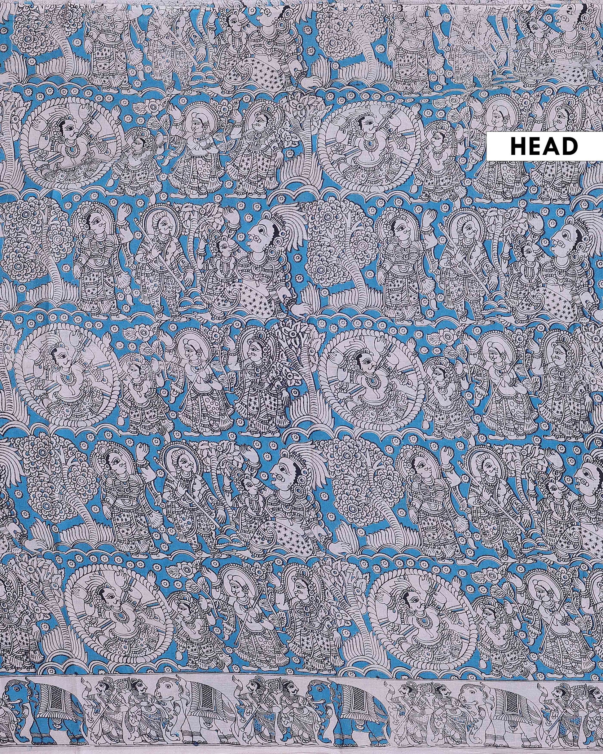 Traditional Handloom Cotton Kalamkari Saree with Intricate Procession and Floral Artwork - Blue