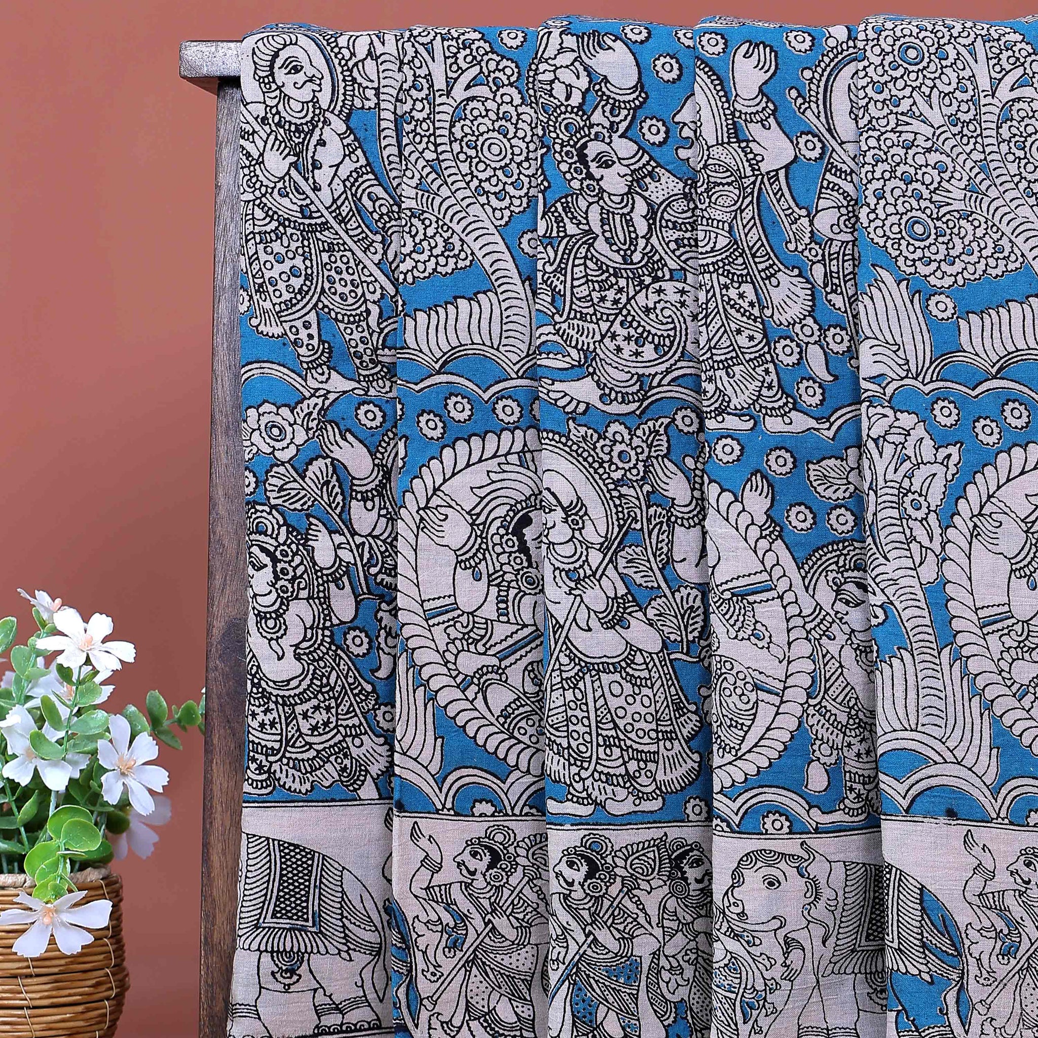 Traditional Handloom Cotton Kalamkari Saree with Intricate Procession and Floral Artwork - Blue