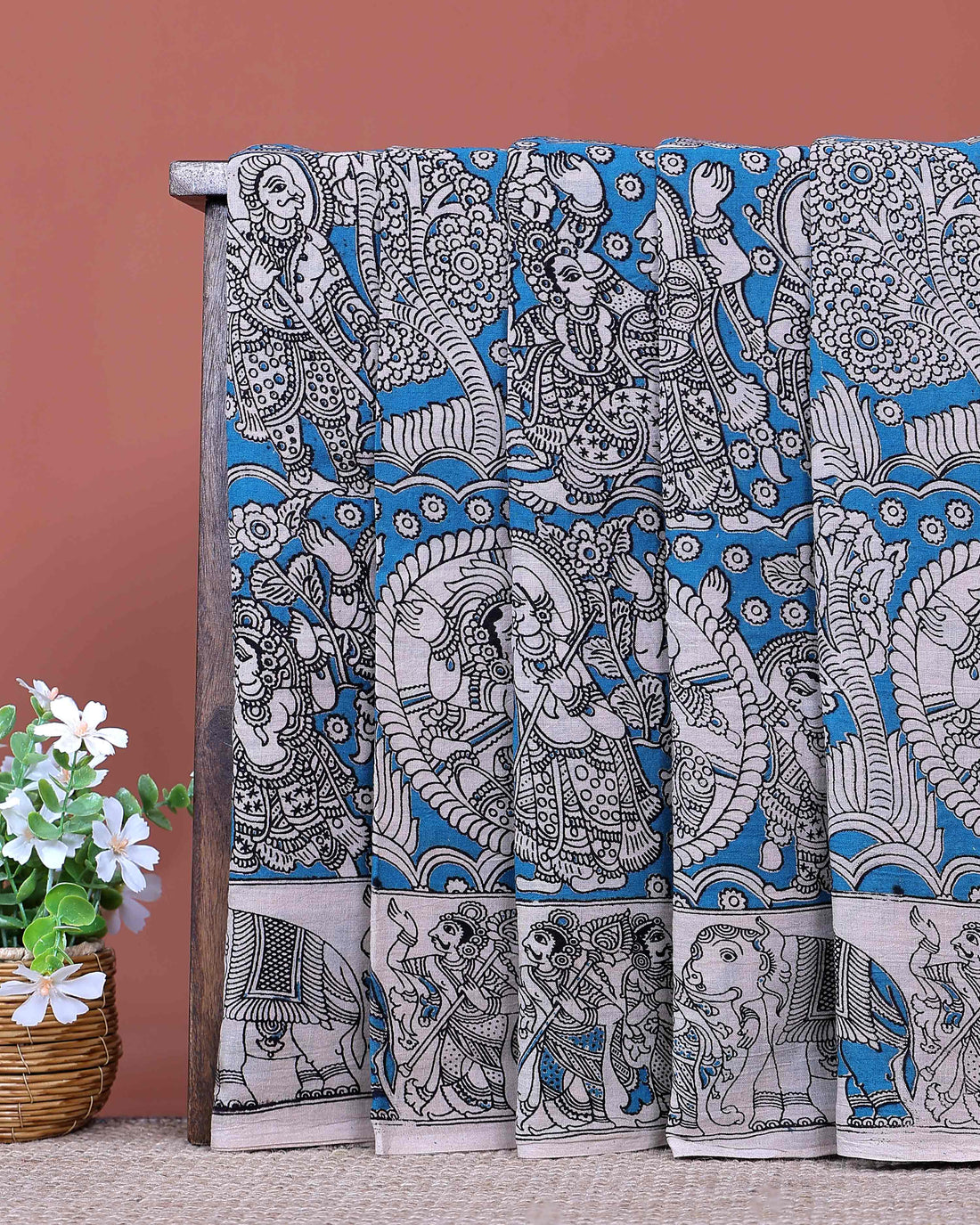 Traditional Handloom Cotton Kalamkari Saree with Intricate Procession and Floral Artwork - Blue