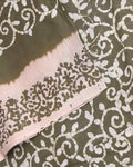 Traditional Handloom Cotton Saree with All-Over Batik Prints and Contrast Border - Olive Green