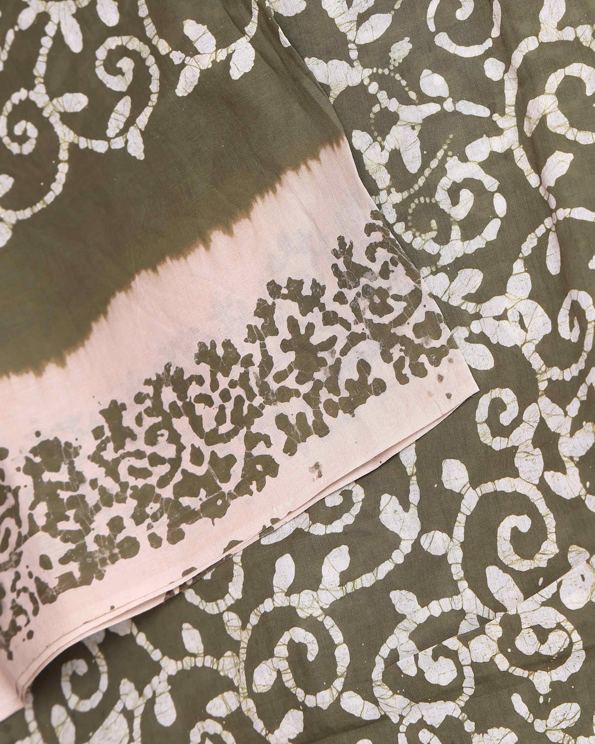 Traditional Handloom Cotton Saree with All-Over Batik Prints and Contrast Border - Olive Green