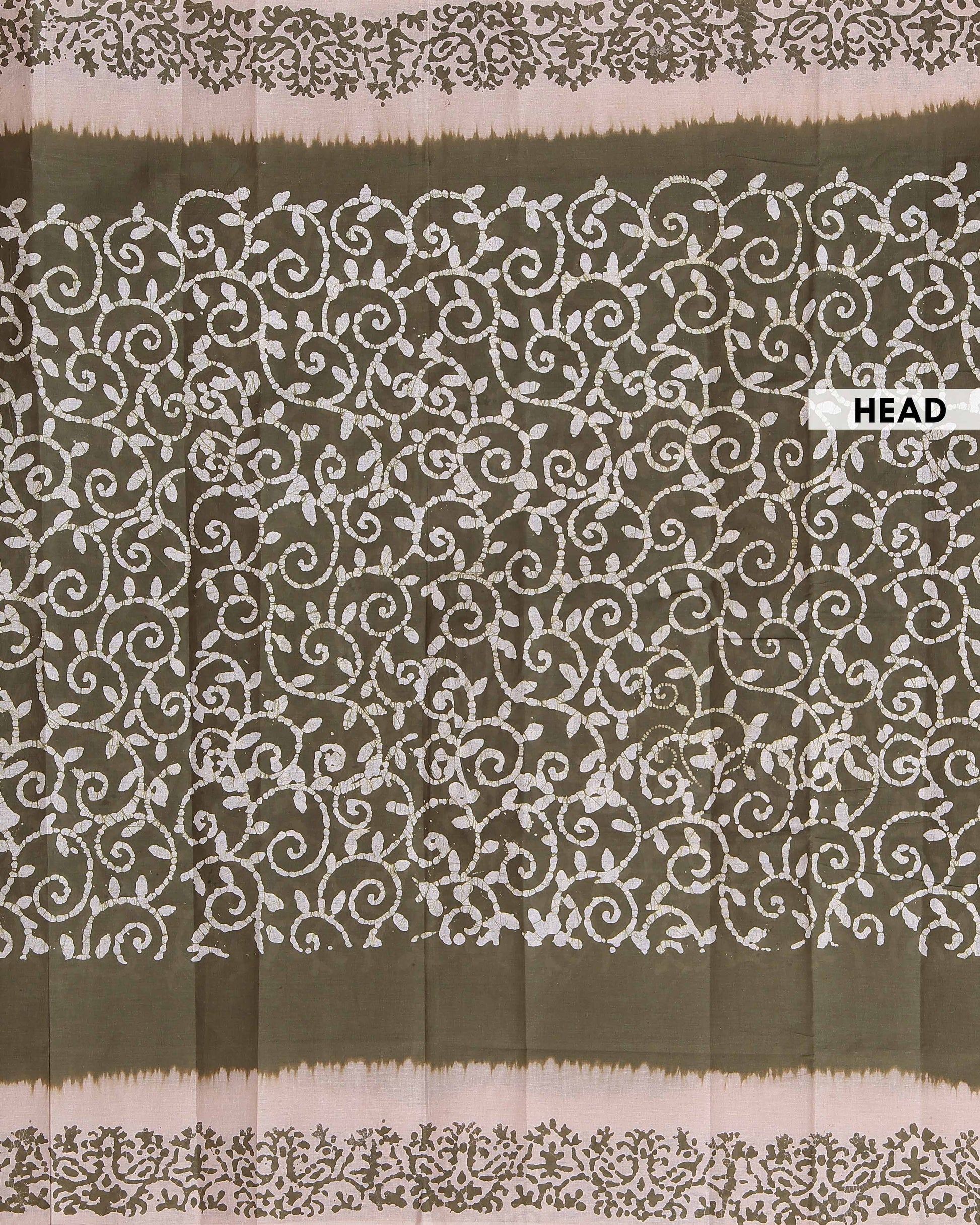 Traditional Handloom Cotton Saree with All-Over Batik Prints and Contrast Border - Olive Green