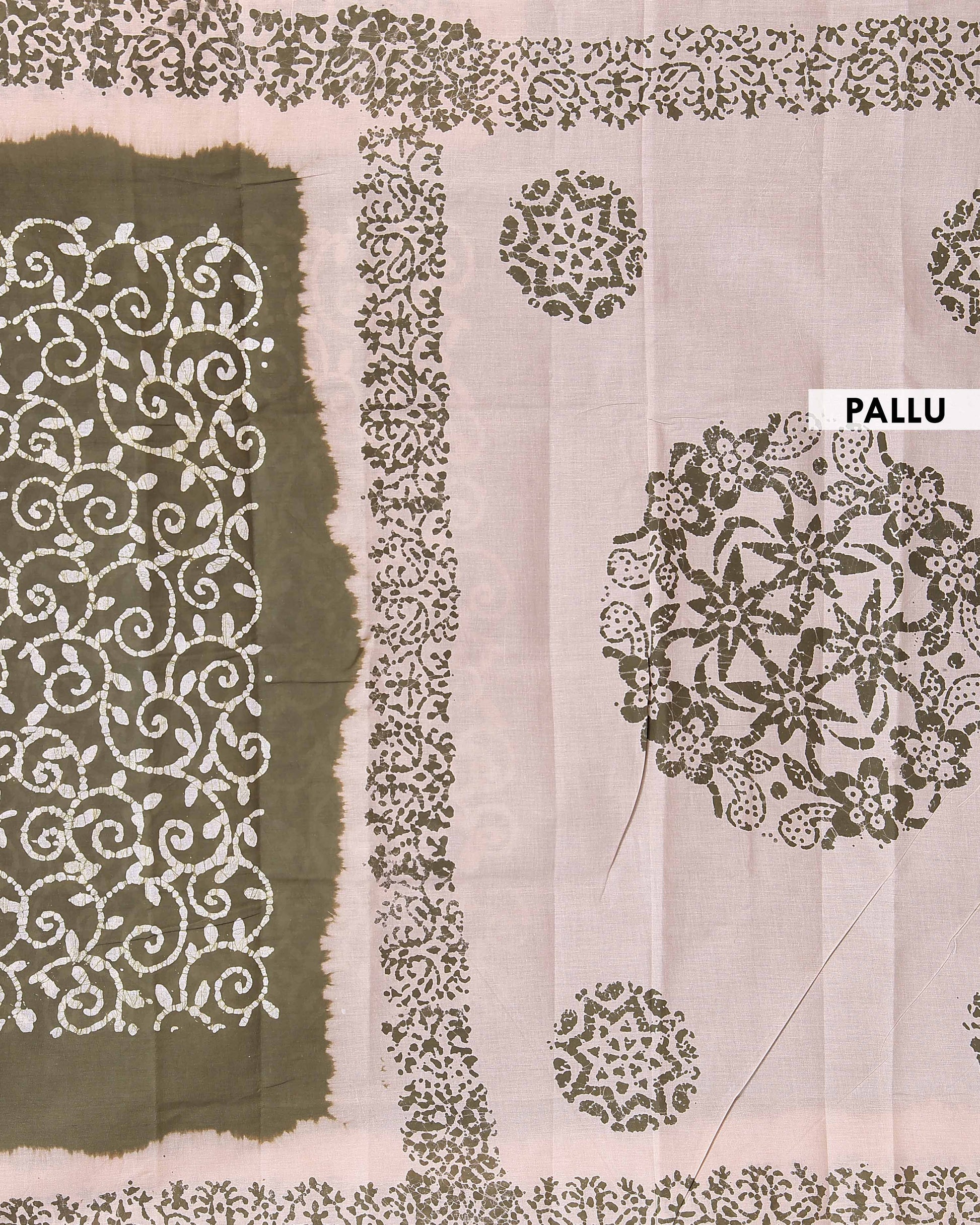 Traditional Handloom Cotton Saree with All-Over Batik Prints and Contrast Border - Olive Green