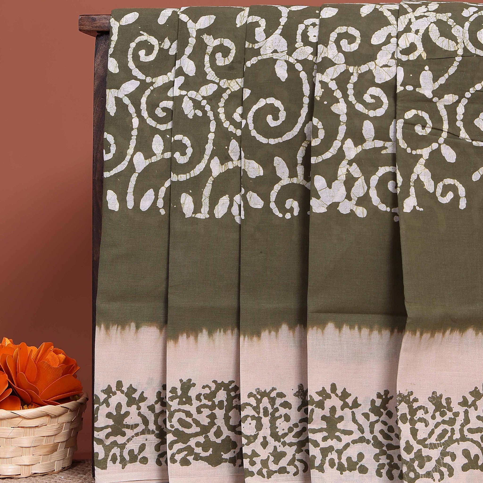 Traditional Handloom Cotton Saree with All-Over Batik Prints and Contrast Border - Olive Green