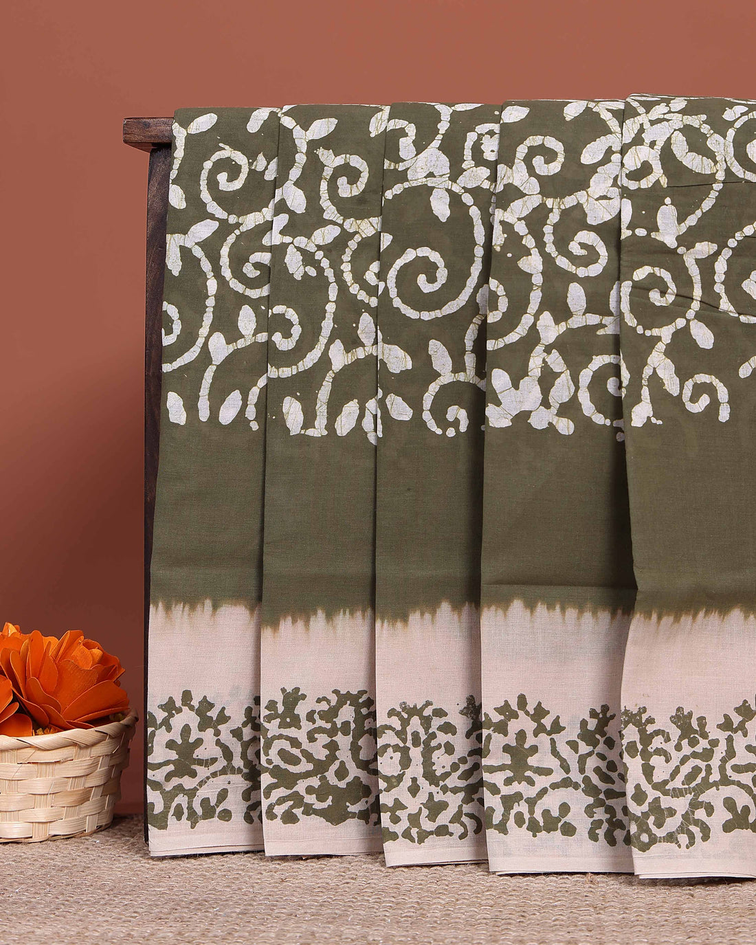 Traditional Handloom Cotton Saree with All-Over Batik Prints and Contrast Border - Olive Green