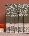 Traditional Handloom Cotton Saree with All-Over Batik Prints and Contrast Border - Olive Green