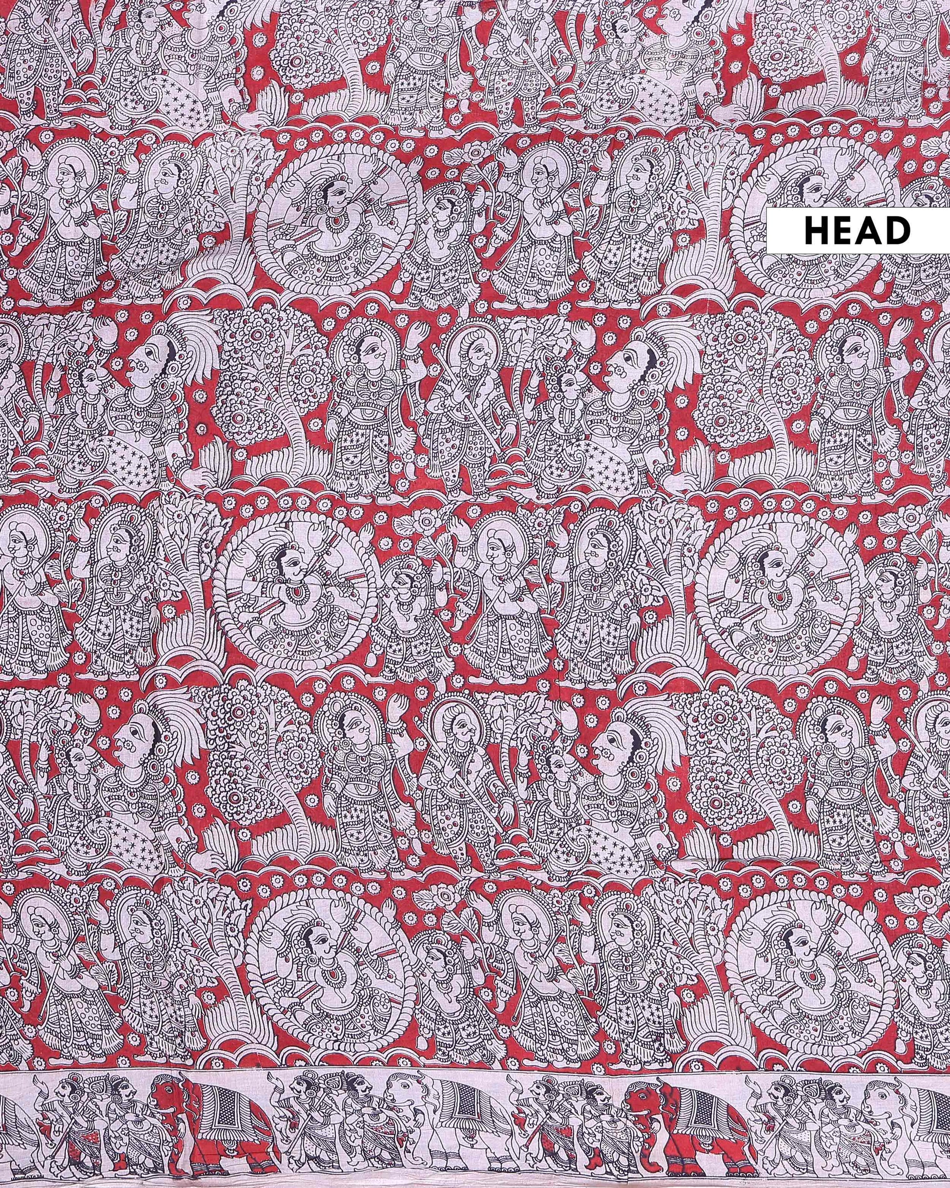 Traditional Handloom Hand Printed Kalamkari Cotton Saree with Intricate Motifs - Red