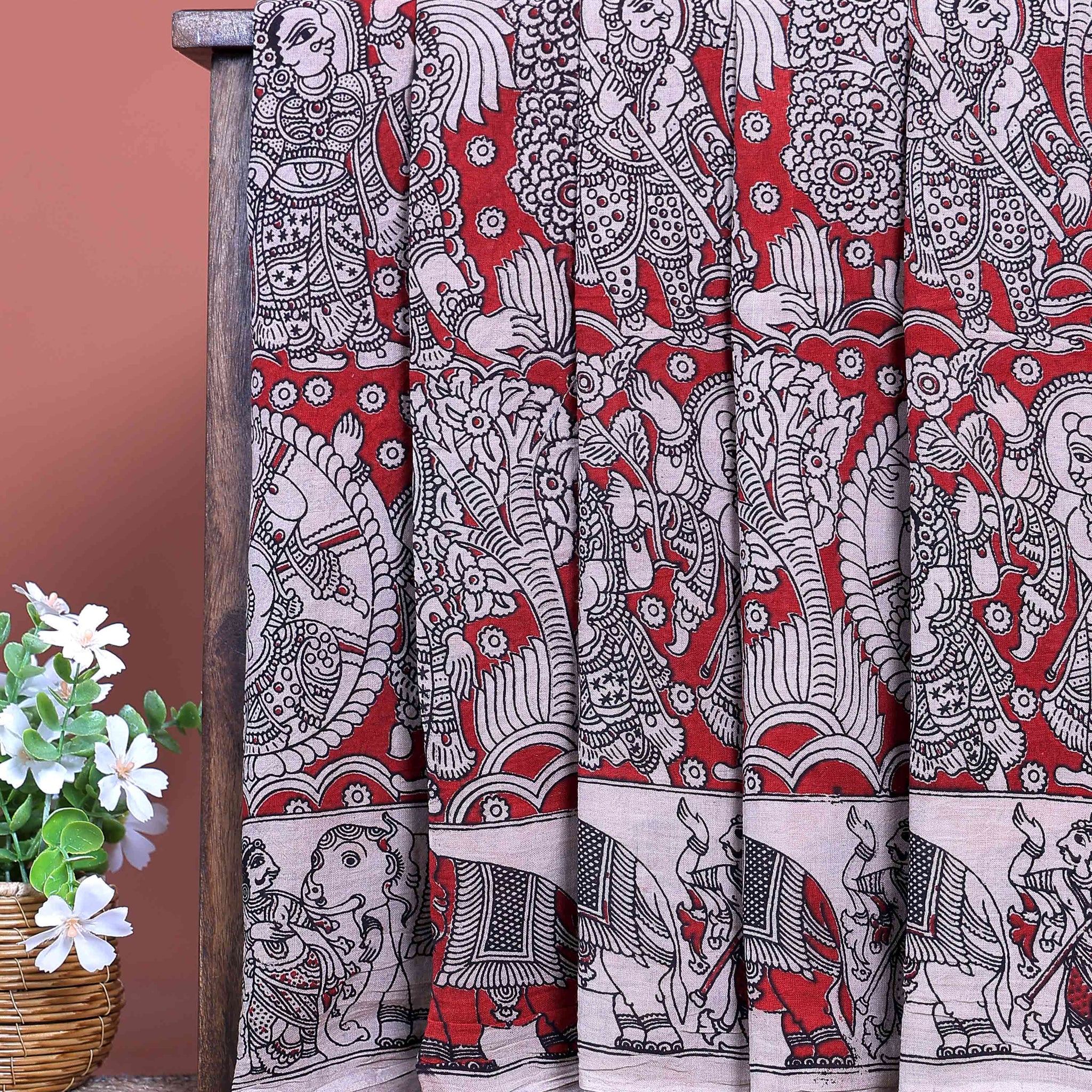 Traditional Handloom Hand Printed Kalamkari Cotton Saree with Intricate Motifs - Red
