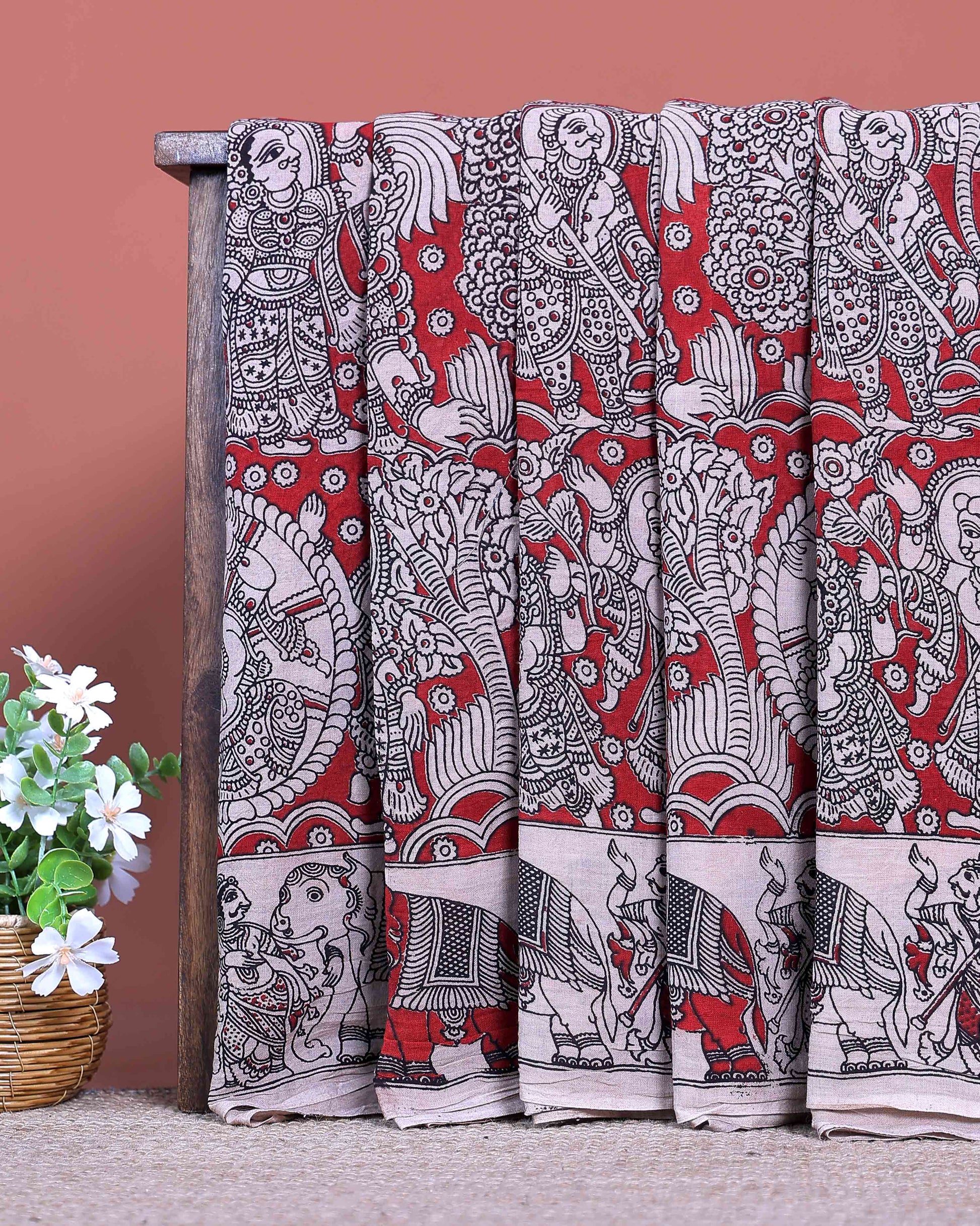 Traditional Handloom Hand Printed Kalamkari Cotton Saree with Intricate Motifs - Red