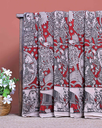 Traditional Handloom Hand Printed Kalamkari Cotton Saree with Intricate Motifs - Red
