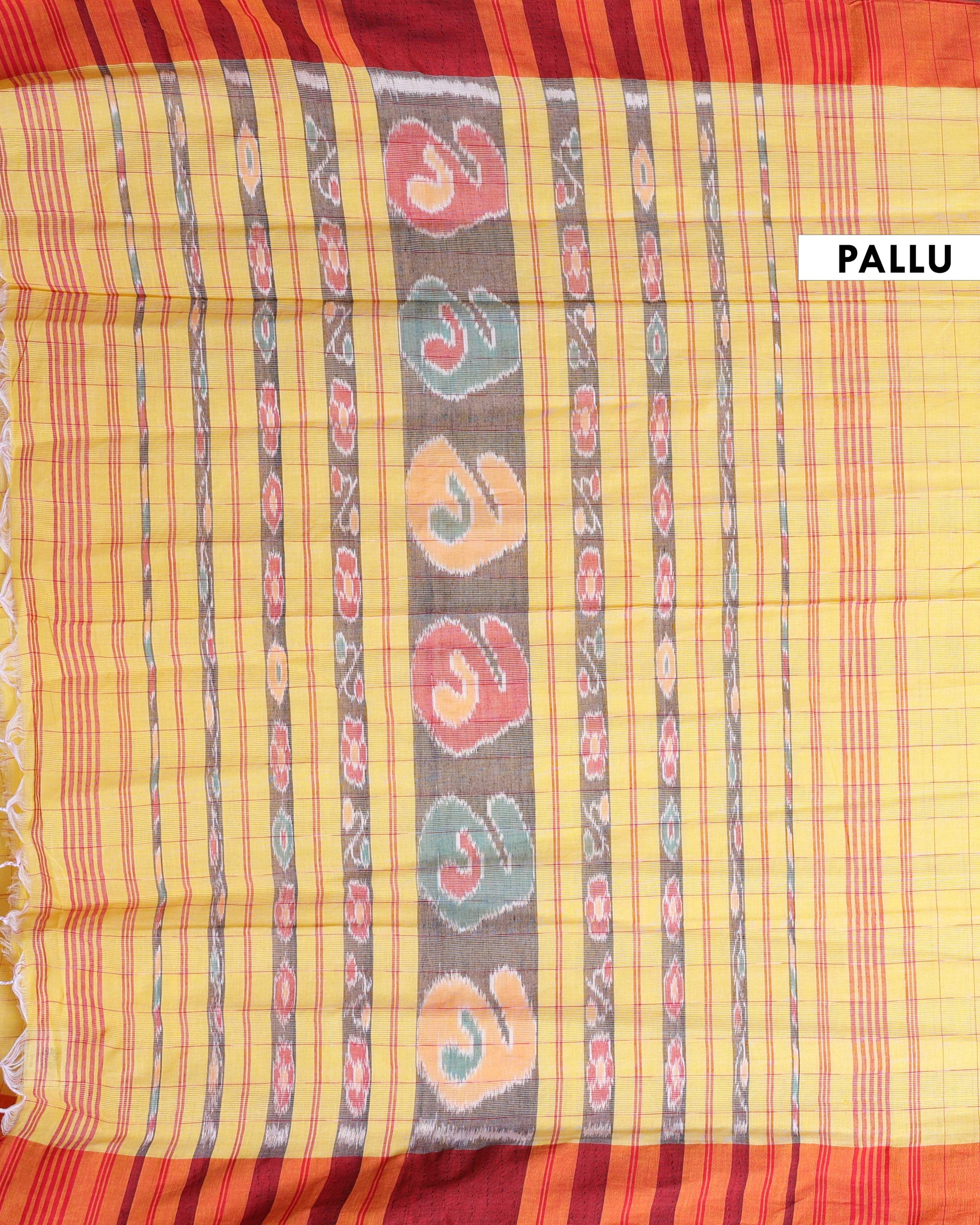 Traditional Handloom Ikkat Cotton Saree with Checked Body and Intricate Pallu - Yellow-PALLU