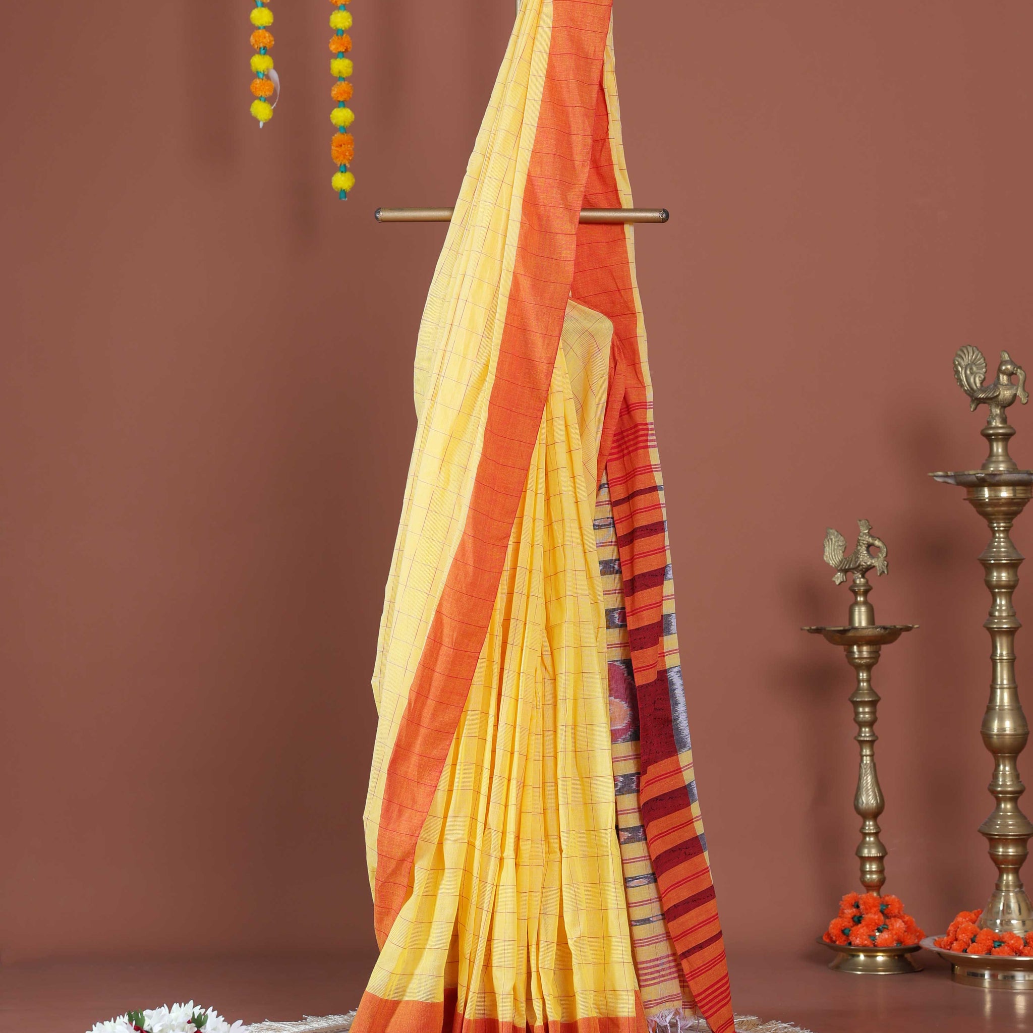 Traditional Handloom Ikkat Cotton Saree with Checked Body and Intricate Pallu - Yellow