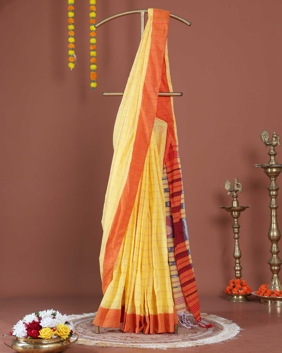 Traditional Handloom Ikkat Cotton Saree with Checked Body and Intricate Pallu - Yellow