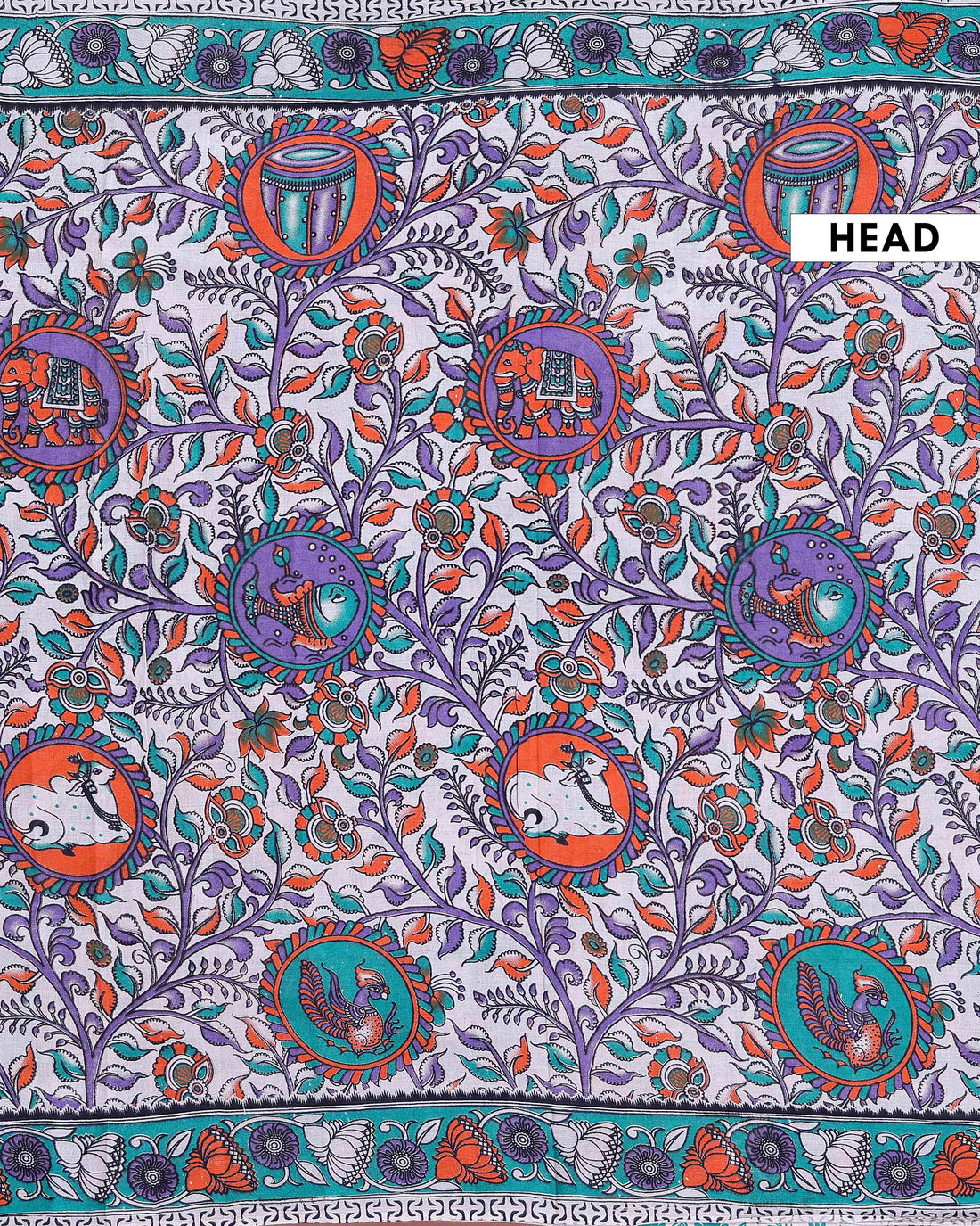 Traditional Handloom Kalamkari Cotton Saree Artistic Bird Motifs and Traditional Floral Border Design - Off White