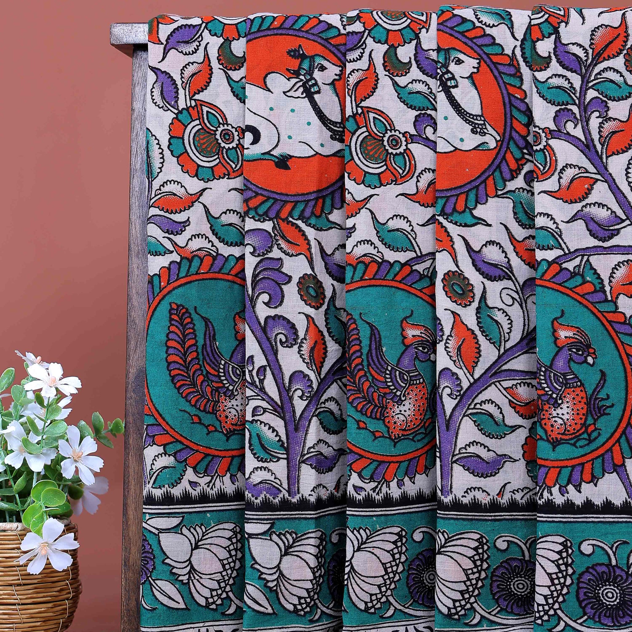 Traditional Handloom Kalamkari Cotton Saree Artistic Bird Motifs and Traditional Floral Border Design - Off White