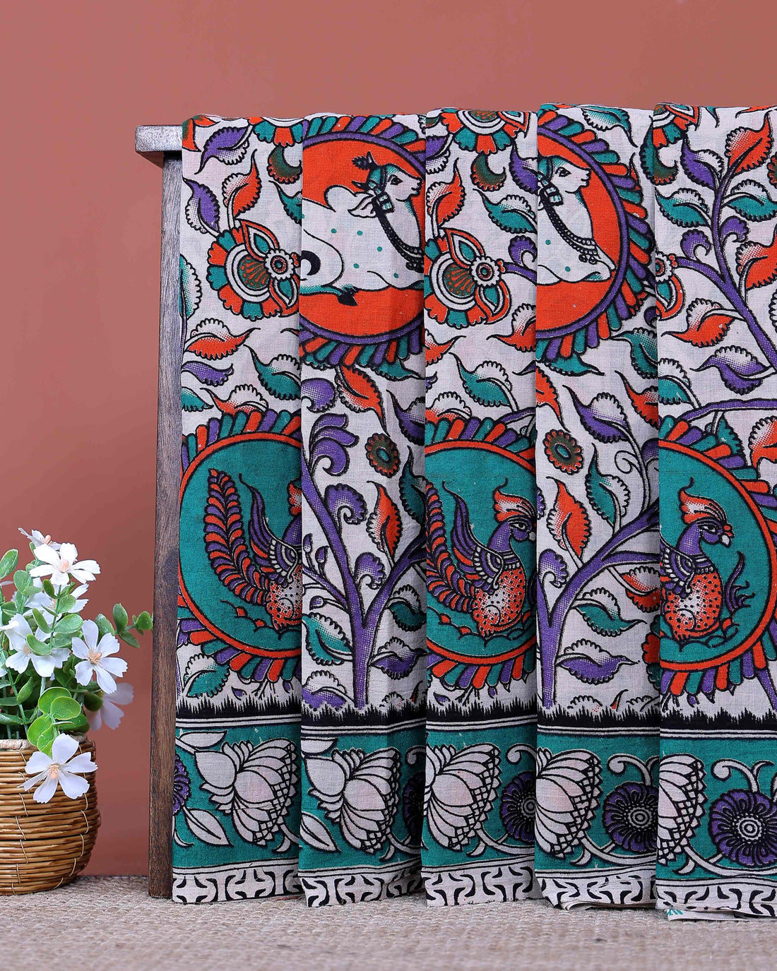 Traditional Handloom Kalamkari Cotton Saree Artistic Bird Motifs and Traditional Floral Border Design - Off White