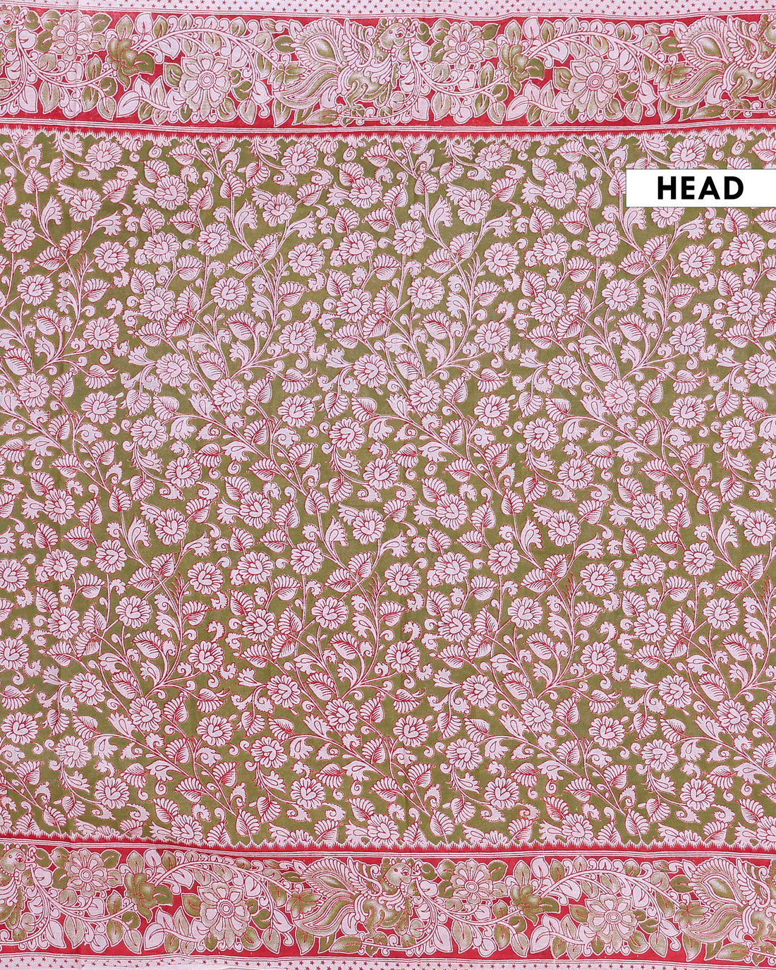 Traditional Handloom Kalamkari Cotton Saree Traditional Floral Artwork with Elegantly Detailed Border - Green