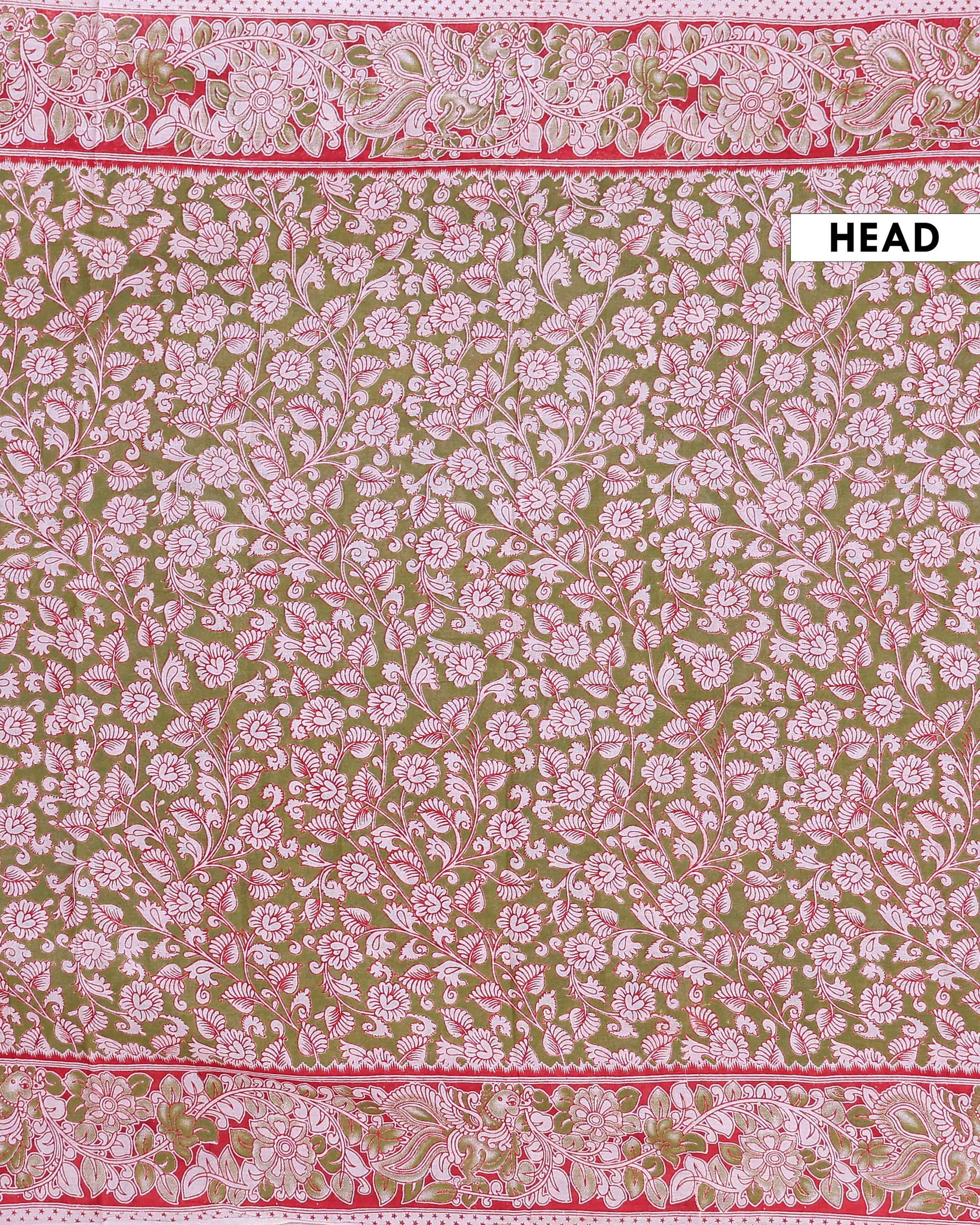 Traditional Handloom Kalamkari Cotton Saree Traditional Floral Artwork with Elegantly Detailed Border - Green