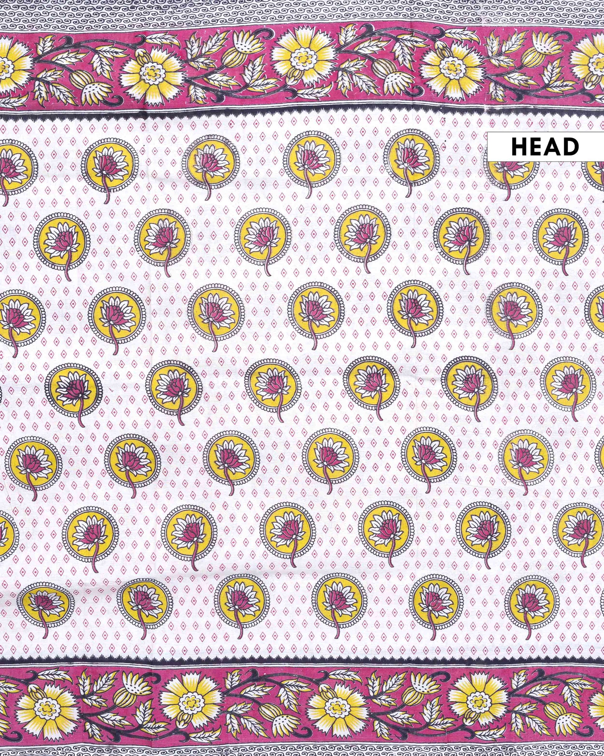 Traditional Handloom Kalamkari Cotton Saree Traditional Lotus Motifs and Intricate Floral Border - Off White