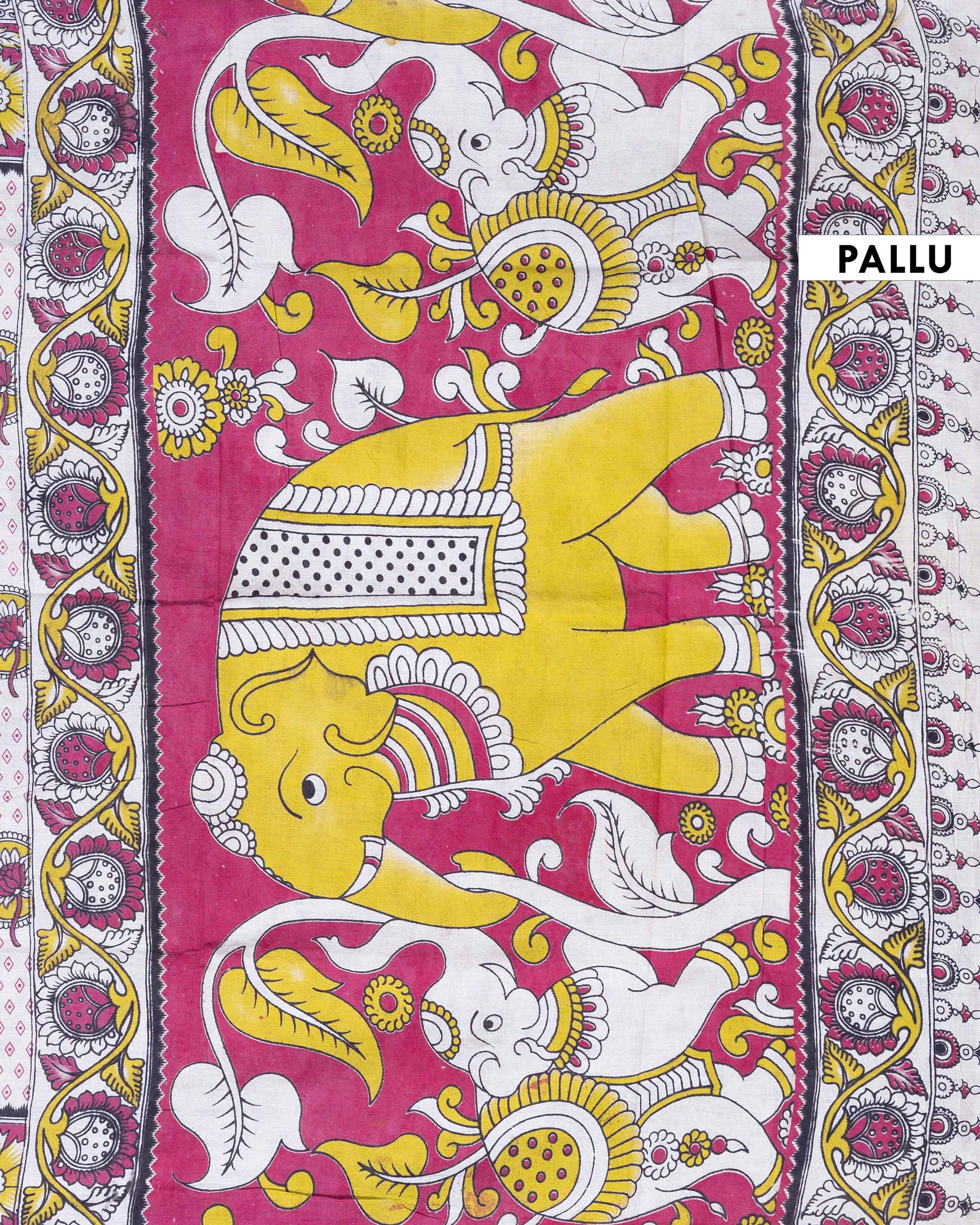 Traditional Handloom Kalamkari Cotton Saree Traditional Lotus Motifs and Intricate Floral Border - Off White