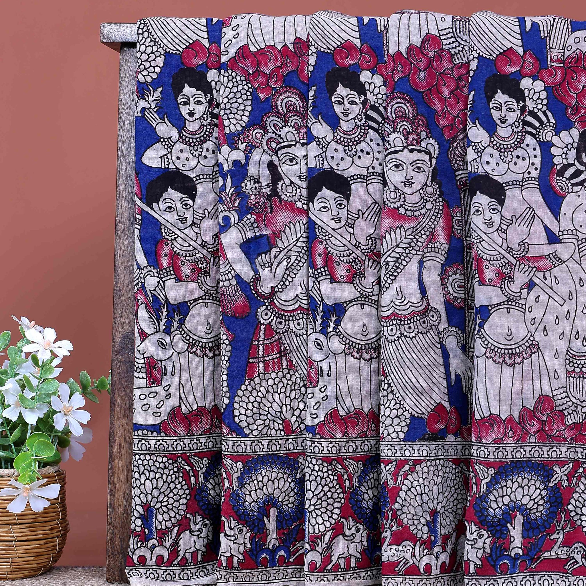 Traditional Handloom Kalamkari Cotton Saree Traditional Mythological Artwork and Intricate Border Detailing - Blue