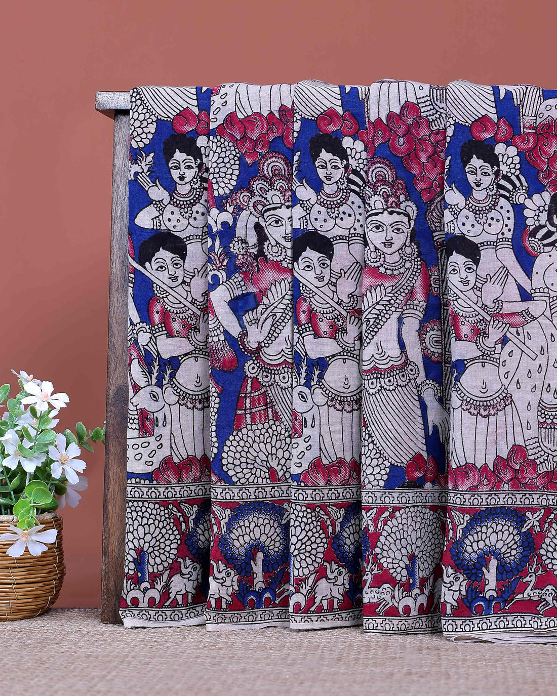 Traditional Handloom Kalamkari Cotton Saree Traditional Mythological Artwork and Intricate Border Detailing - Blue