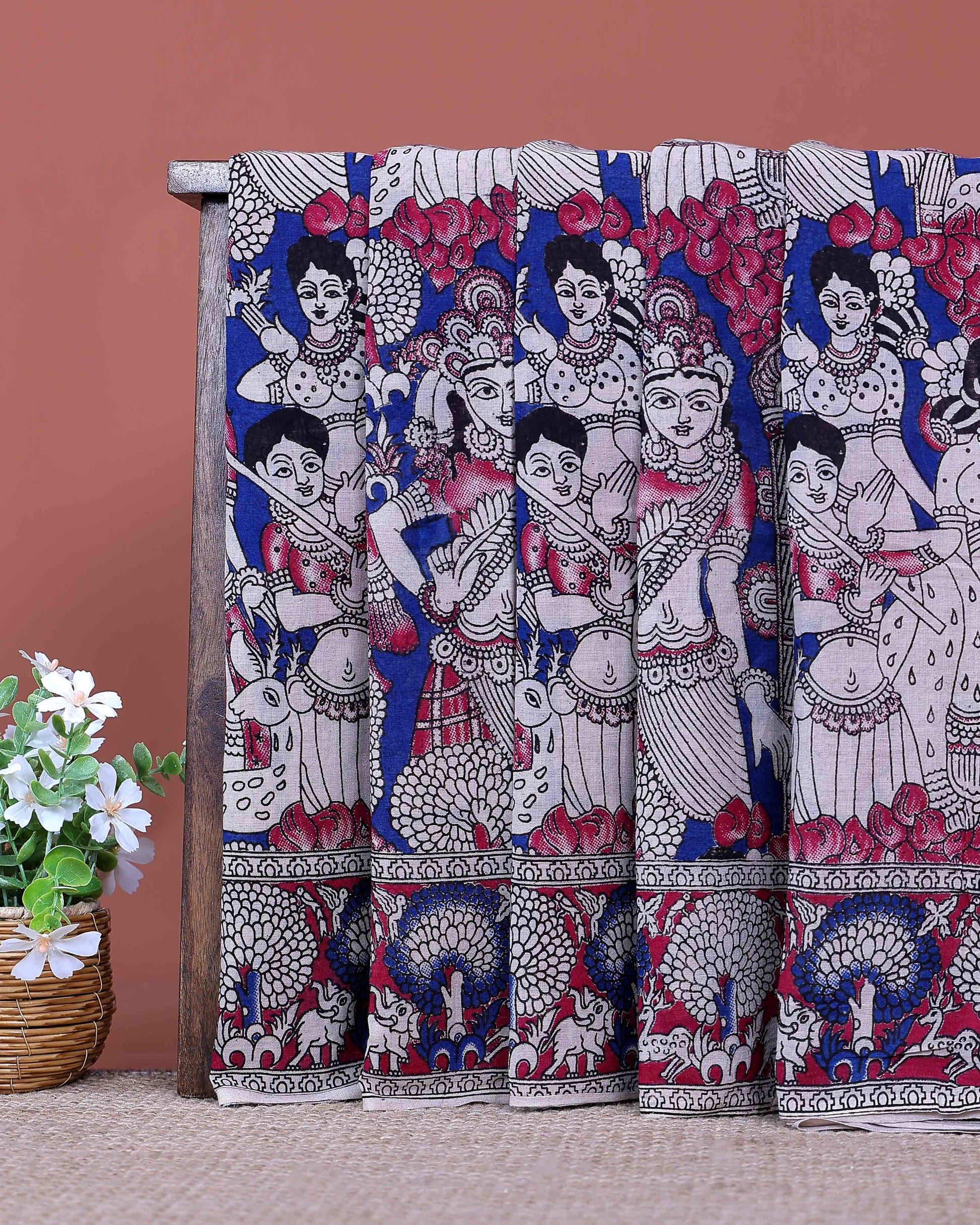Traditional Handloom Kalamkari Cotton Saree Traditional Mythological Artwork and Intricate Border Detailing - Blue