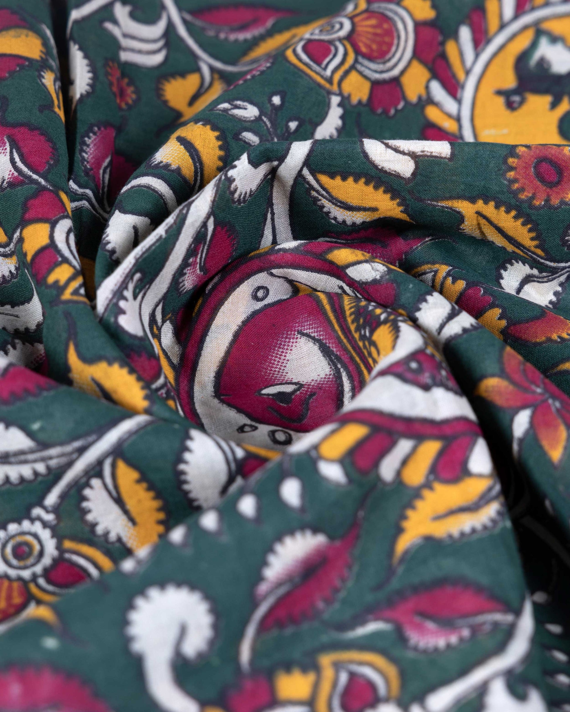 Traditional Handloom Kalamkari Cotton Saree with Allover Floral Prints and Detailed Border - Dark Green