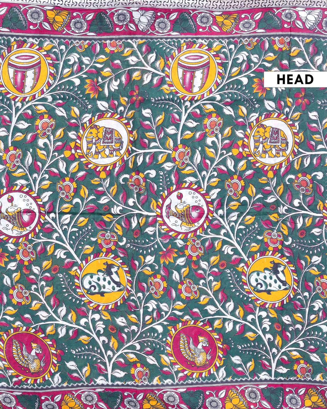 Traditional Handloom Kalamkari Cotton Saree with Allover Floral Prints and Detailed Border - Dark Green