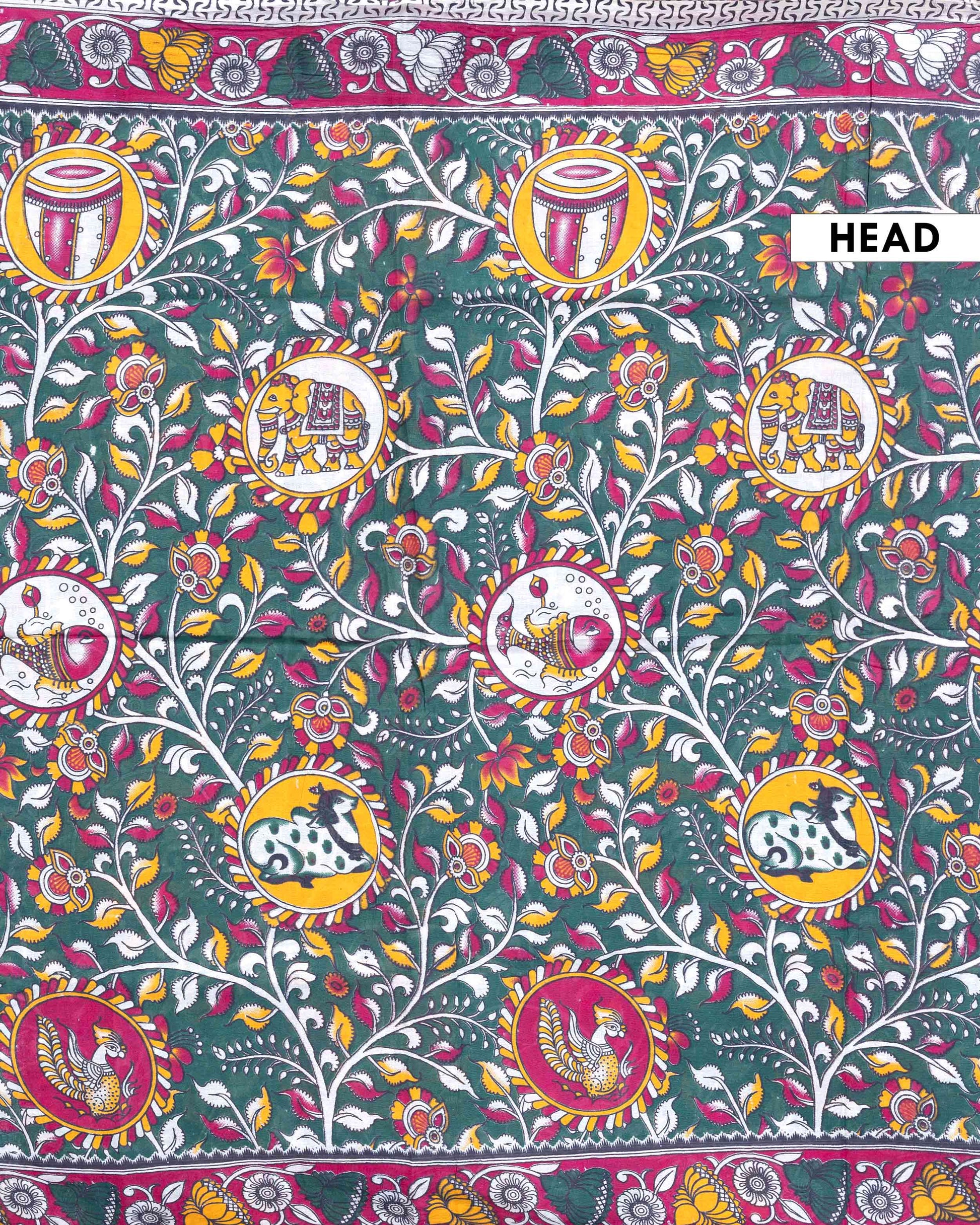 Traditional Handloom Kalamkari Cotton Saree with Allover Floral Prints and Detailed Border - Dark Green