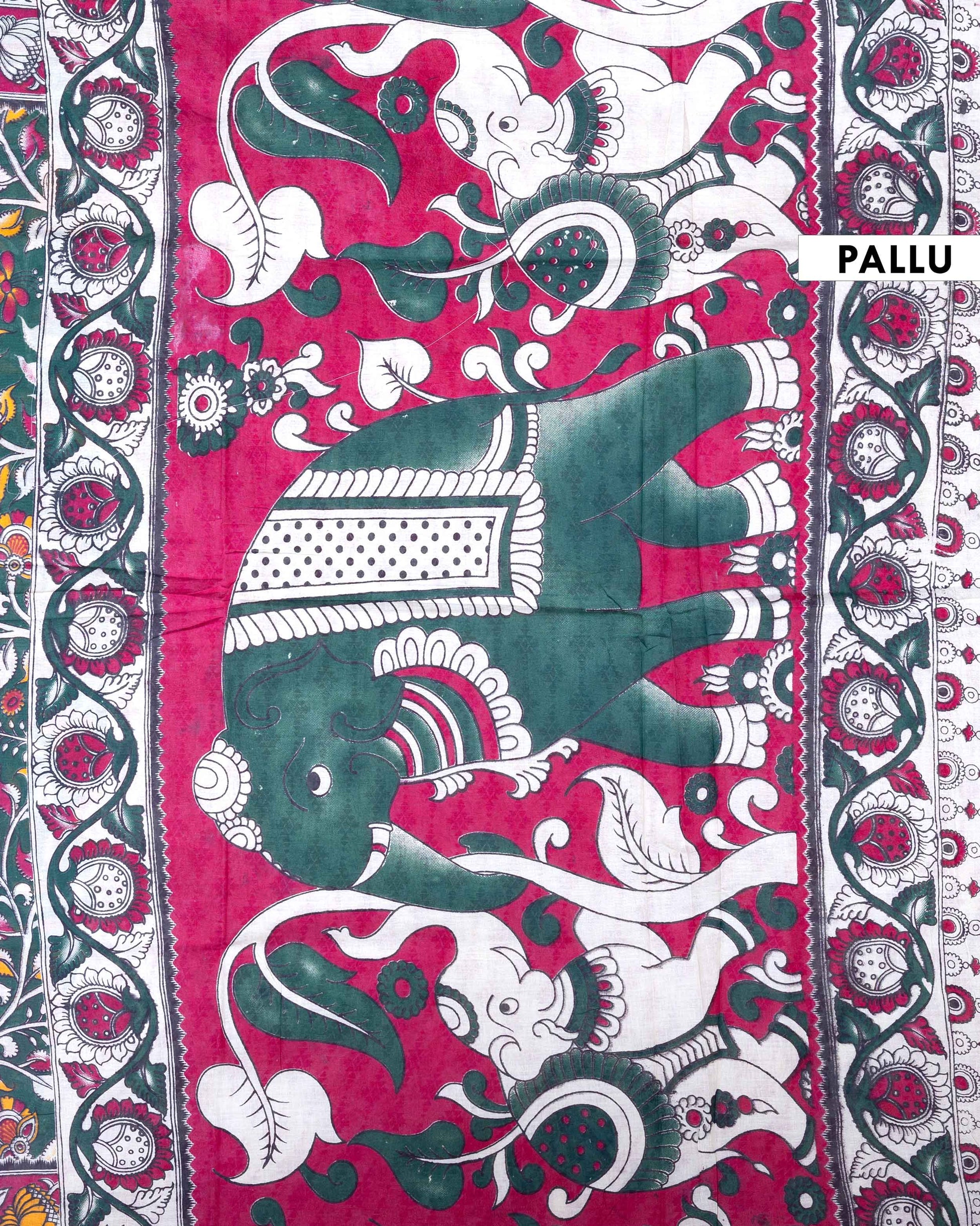 Traditional Handloom Kalamkari Cotton Saree with Allover Floral Prints and Detailed Border - Dark Green